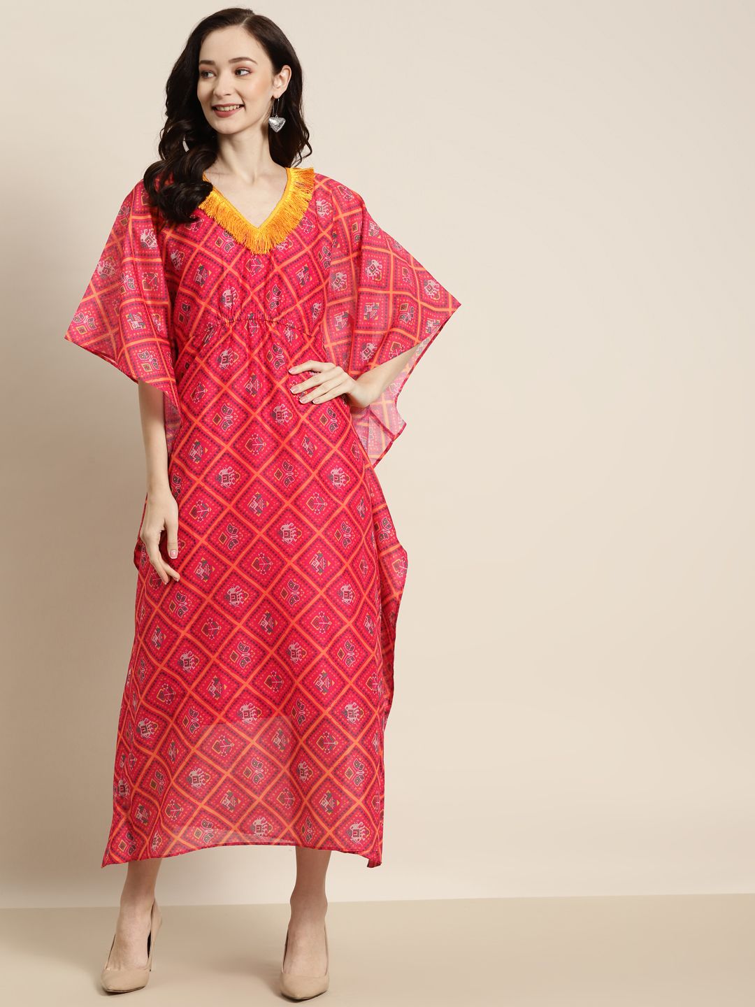 Shae by SASSAFRAS Pink & Green Patola Kaftan Dress With Slip Price in India