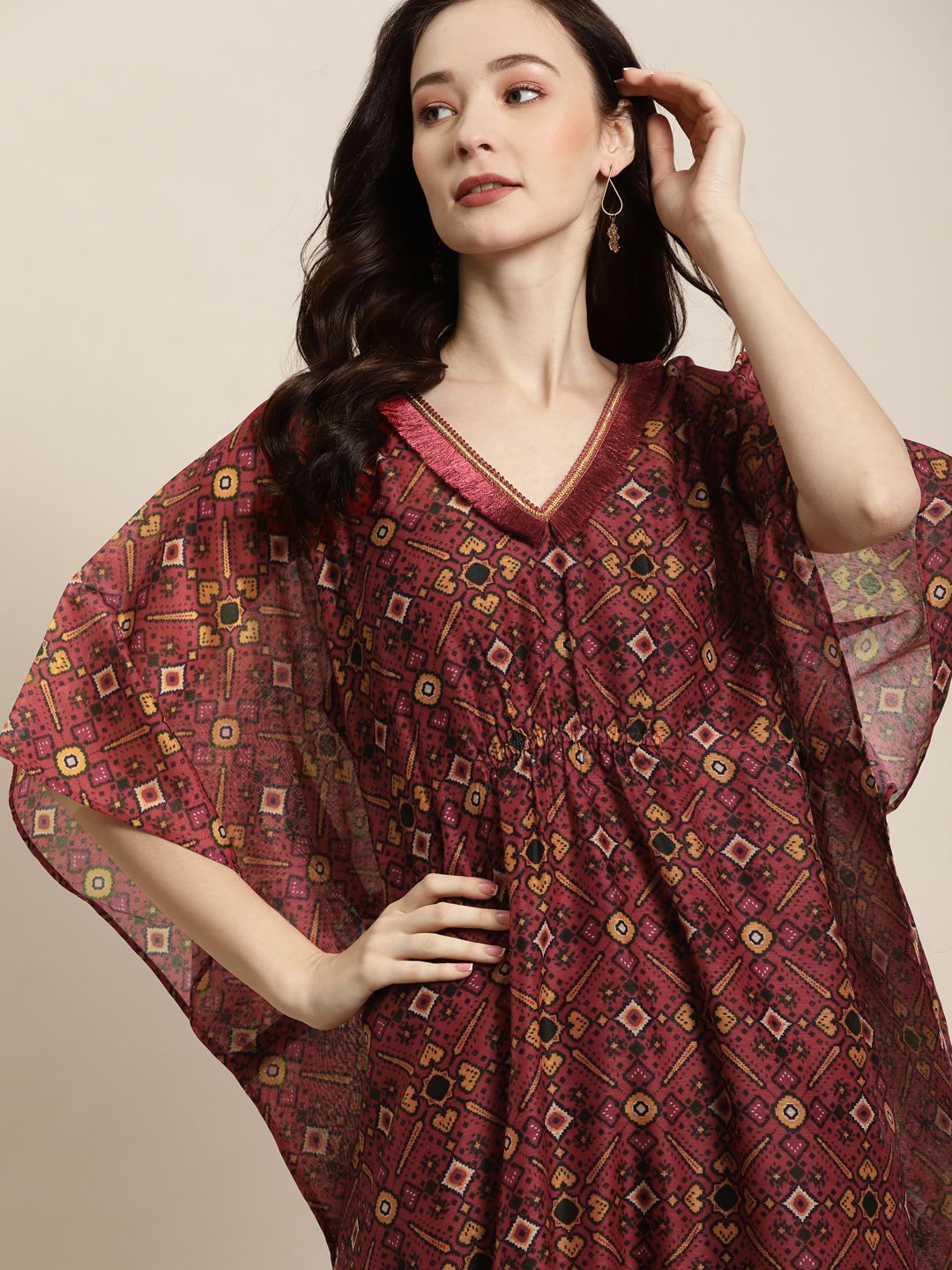 Shae by SASSAFRAS Maroon & Green Patola Kaftan Dress With Slip Price in India