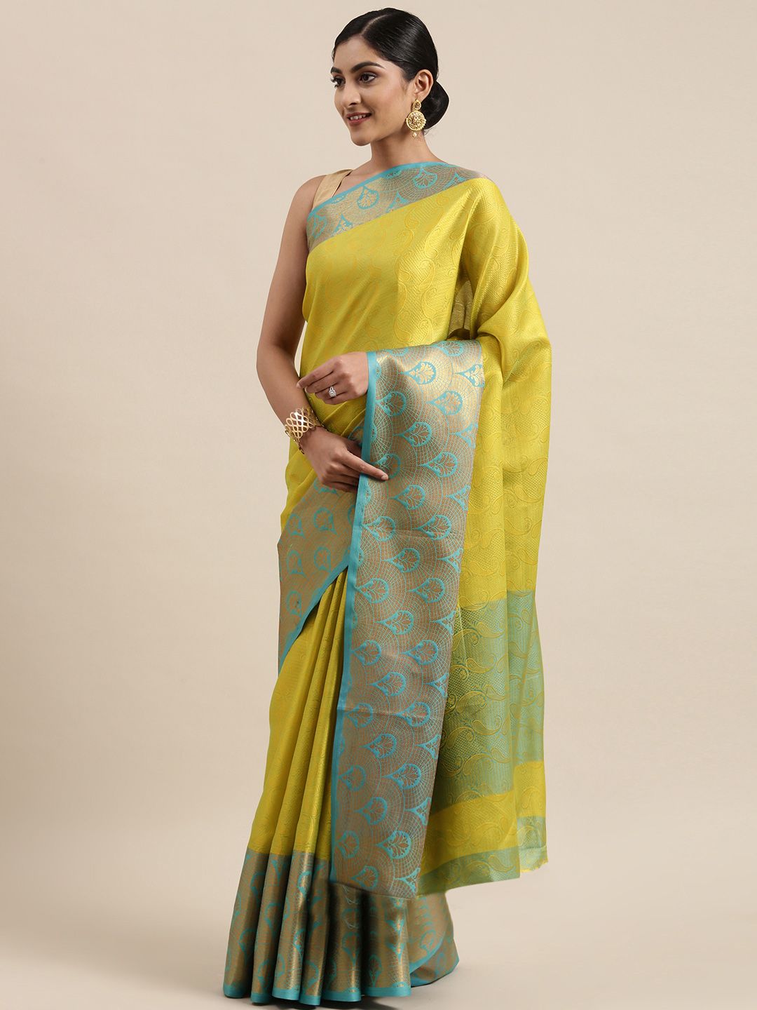 Pothys Yellow & Blue Ethnic Motifs Zari Jute Silk Saree Price in India
