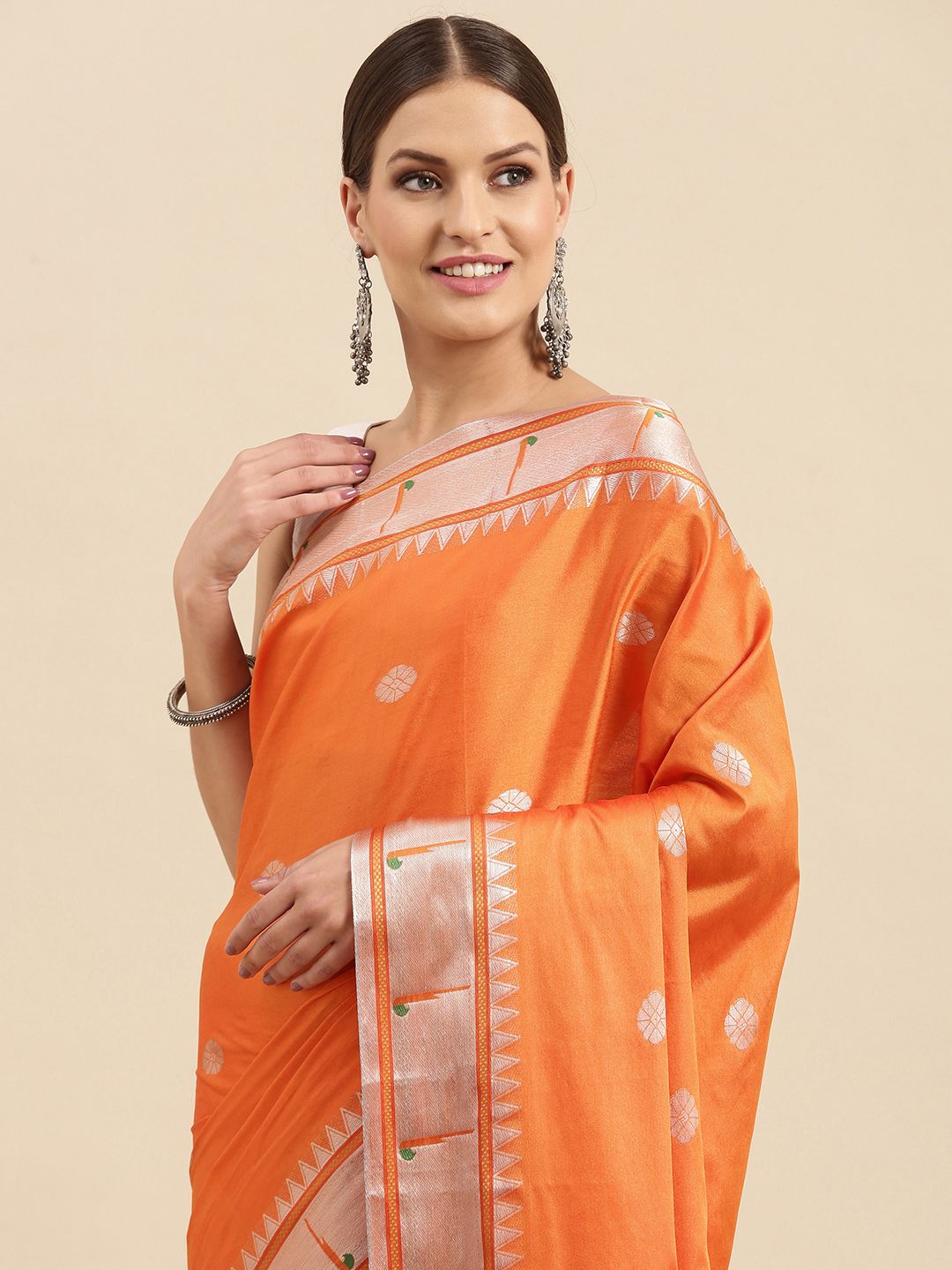Anouk Orange Ethnic Motifs Zari Silk Blend Banarasi Saree