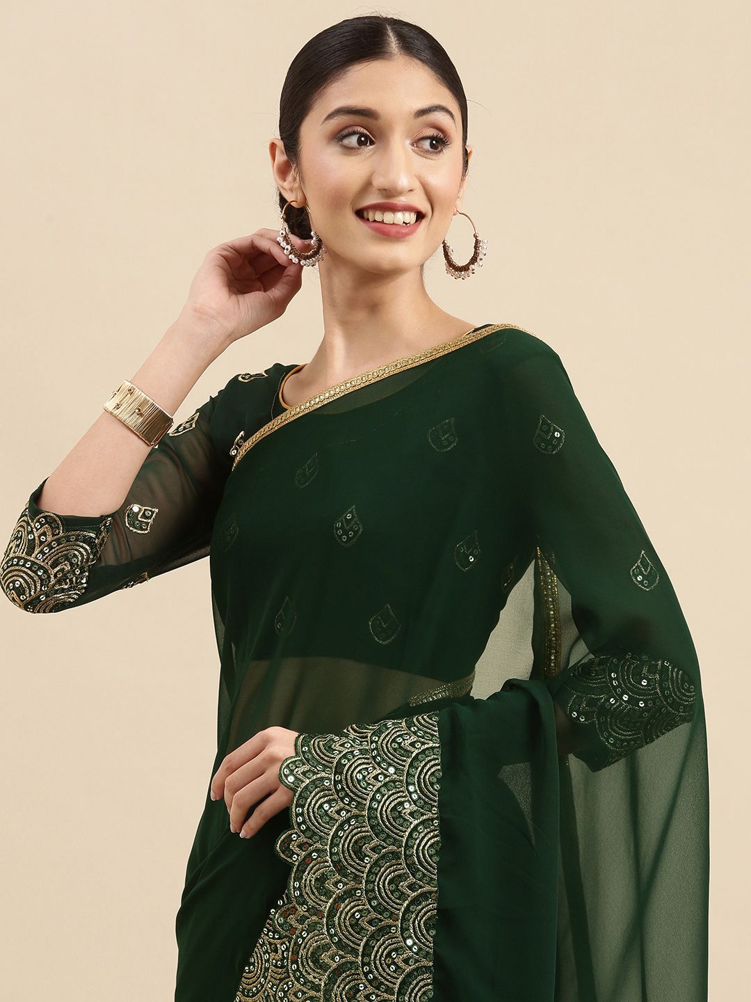 Anouk Olive Green & Gold Embellished Sequinned Pure Georgette Celebrity Saree
