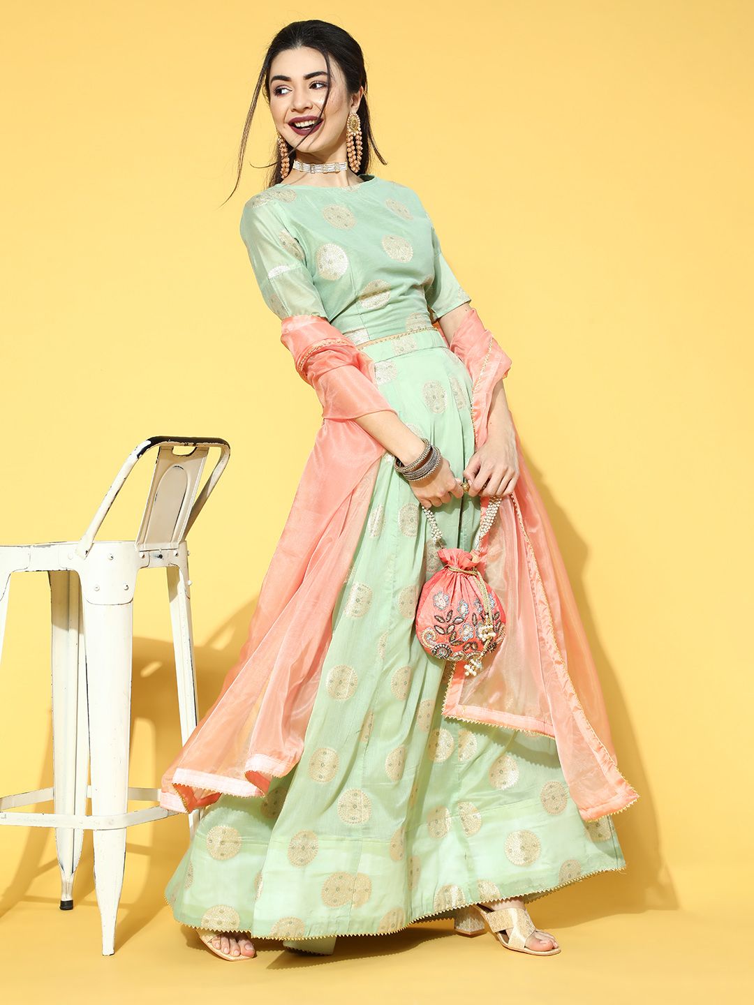 mokshi Women Gorgeous Green Self-Design Top with Skirt Price in India