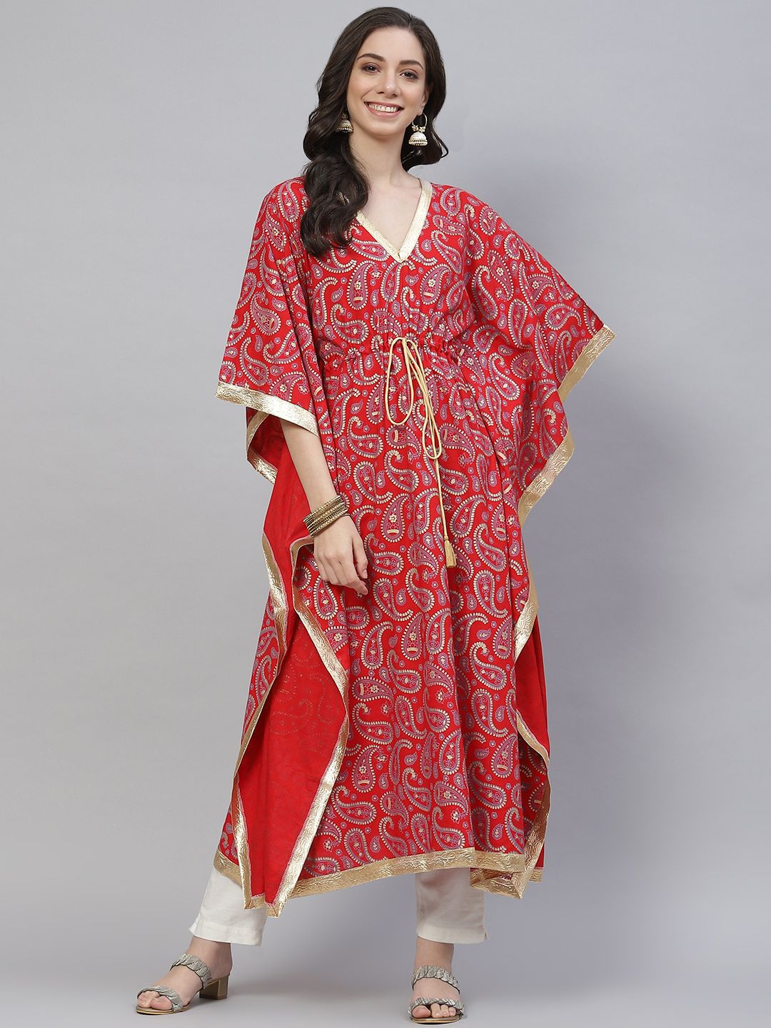 mokshi Women Red & Gold-Toned Paisley Print Kimono Sleeves Gotta Patti Rayon Kaftan Kurta Price in India