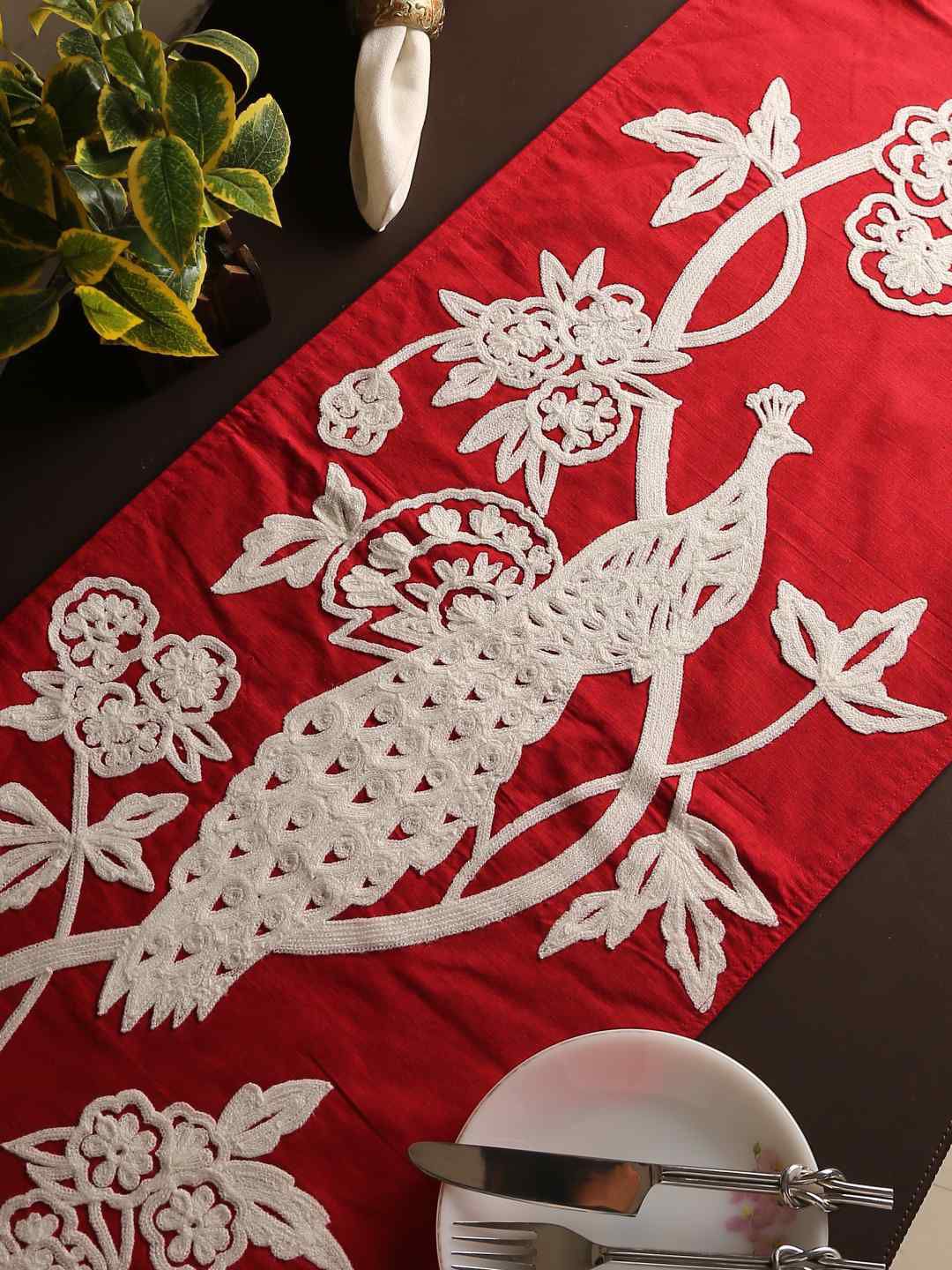 Amoliconcepts Red and White Peacock Embroidered Runner Price in India