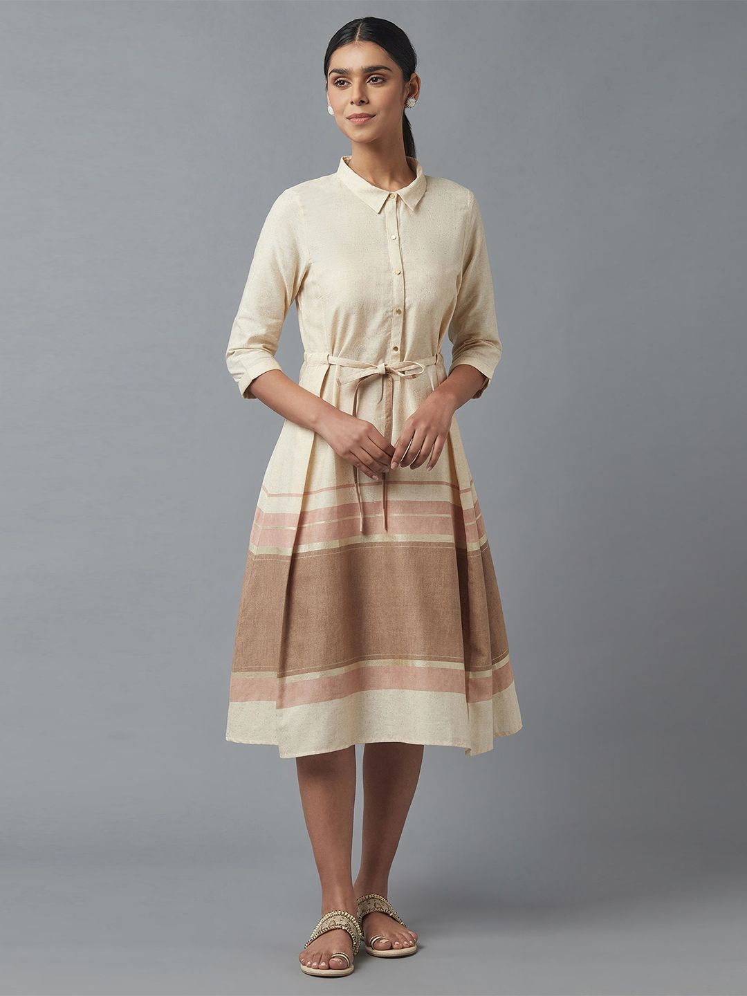 W Beige & Brown Ethnic Midi Dress Price in India