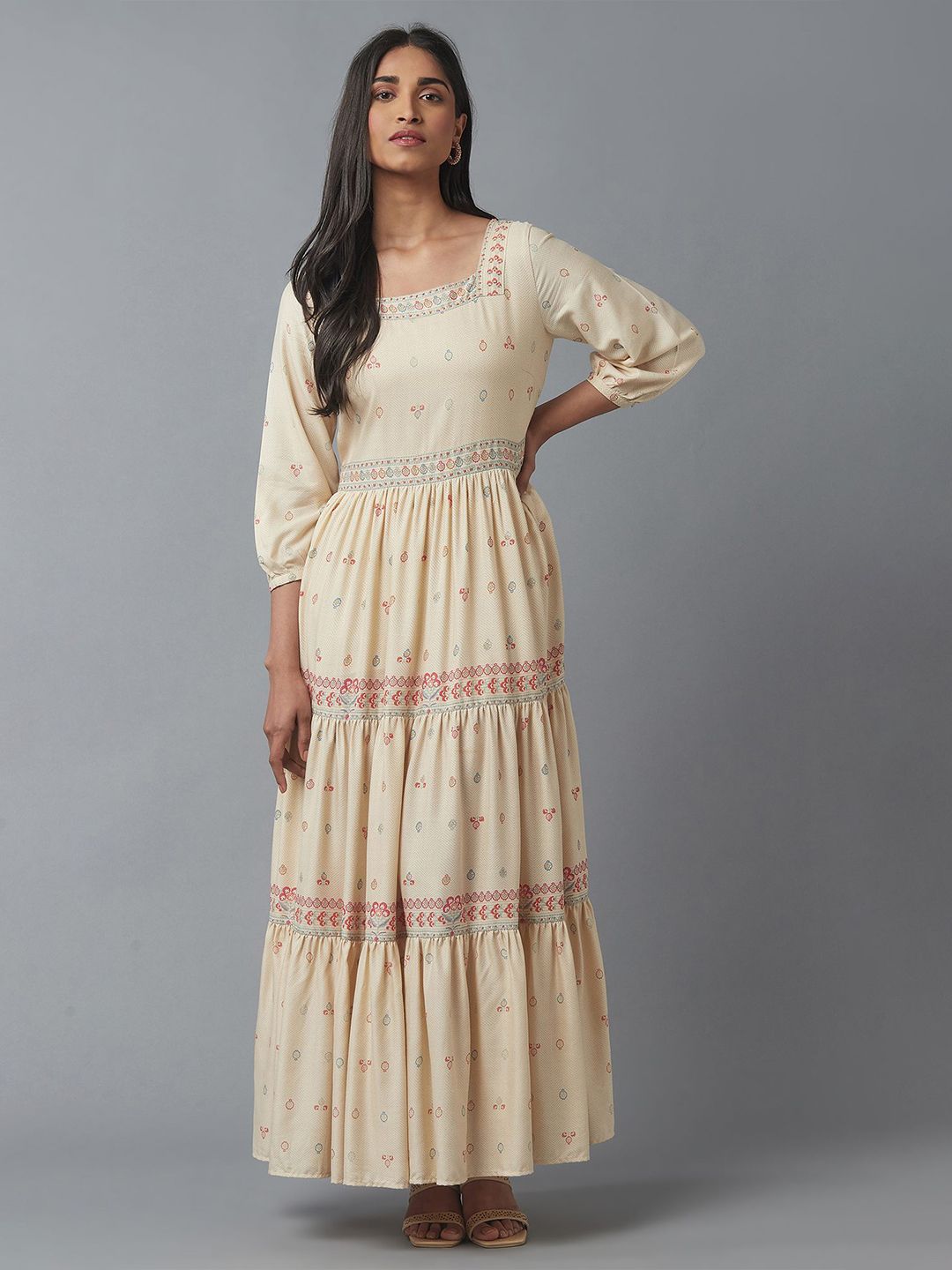 W Beige & Maroon Ethnic Motifs Maxi Dress Price in India
