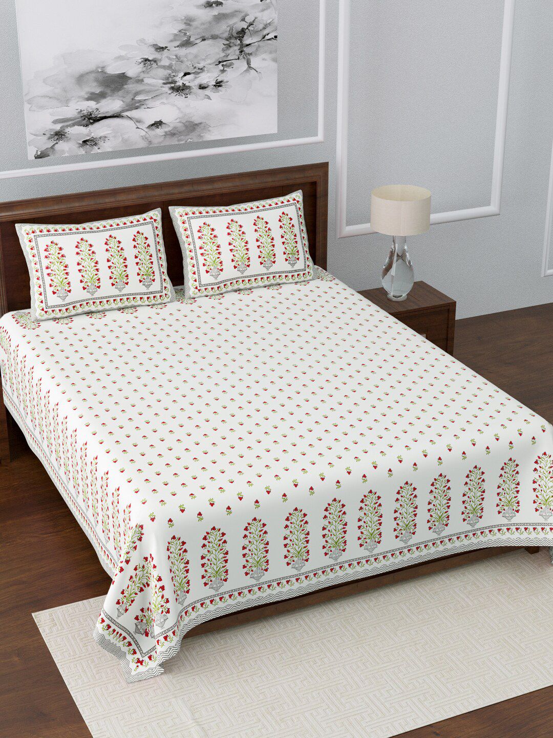LIVING ROOTS White & Red 210 TC Extra Large Floral Cotton Bed Sheet with 2 Pillow Covers Price in India