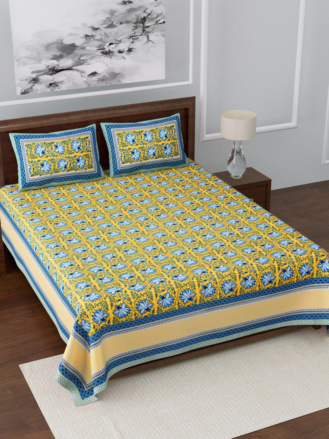 LIVING ROOTS  Yellow & Blue Jaipur Printed 210 TC King Bedsheet with 2 Pillow Covers Price in India