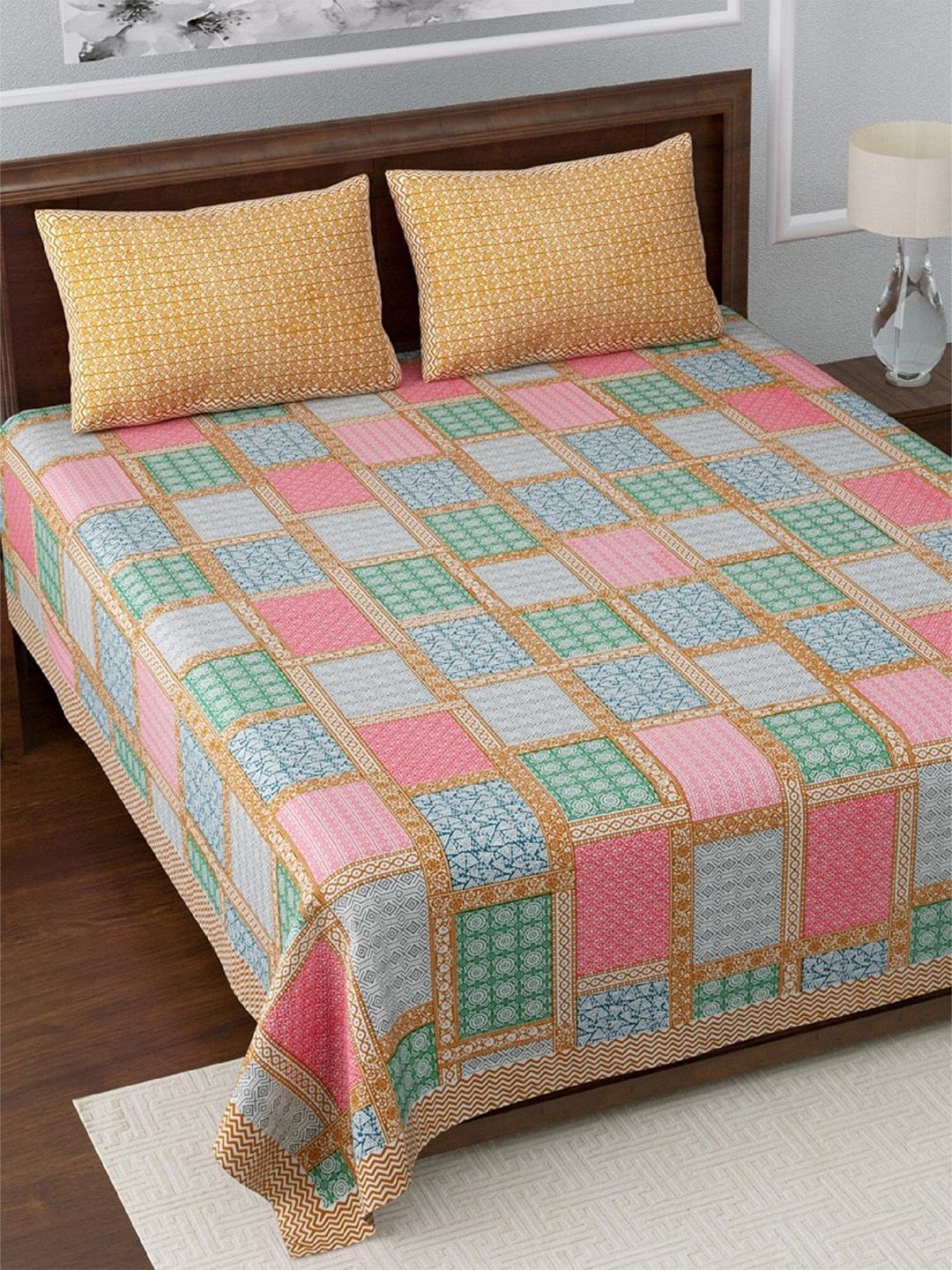 LIVING ROOTS Grey & Blue Geometric 210 TC King Bedsheet with 2 Pillow Covers Price in India