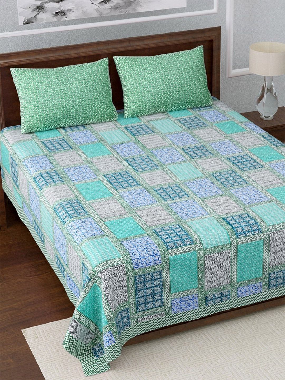 LIVING ROOTS Blue & Green Jaipur Printed 210 TC King Bedsheet with 2 Pillow Covers Price in India
