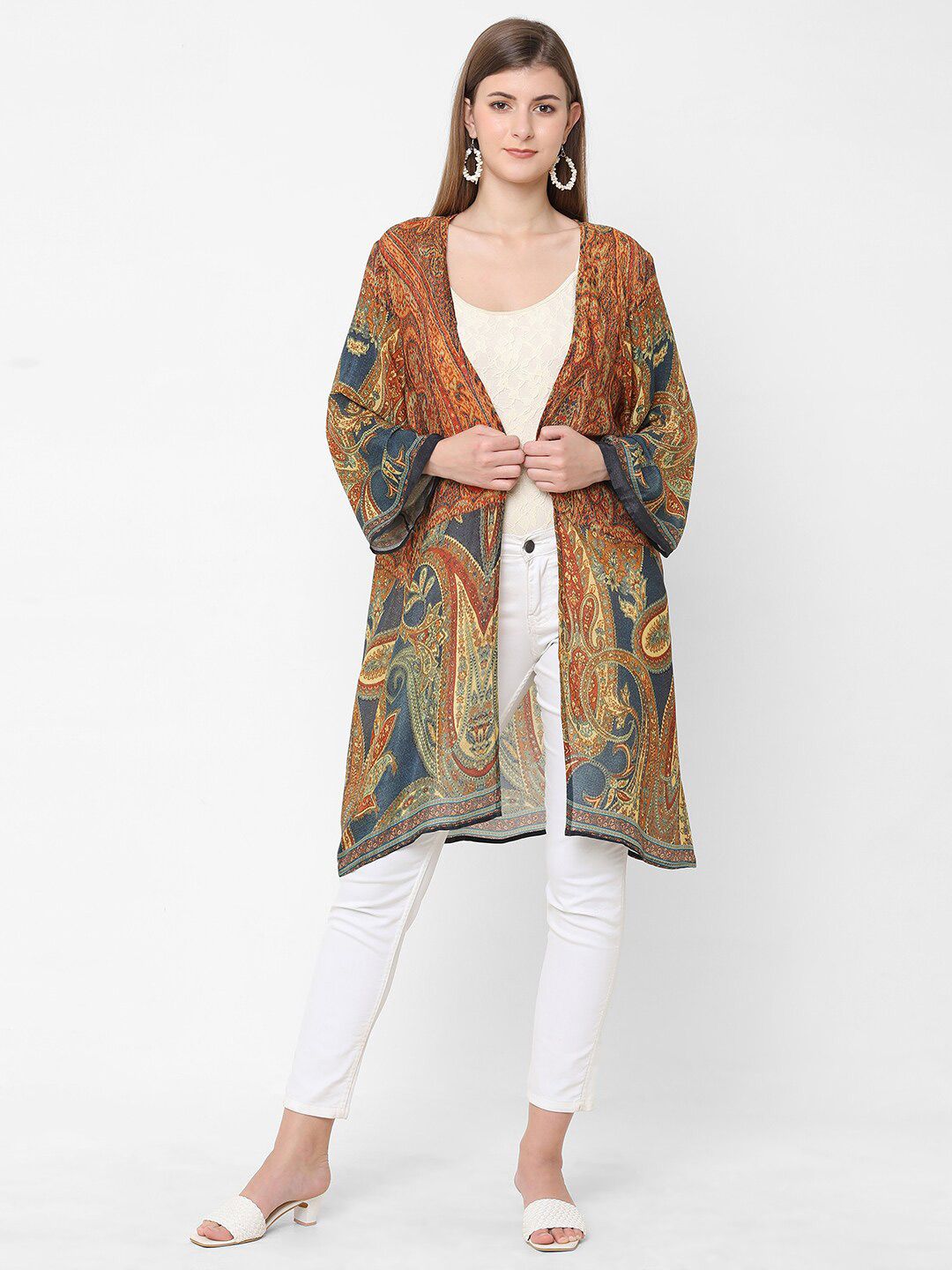 Cloth Haus India Women Rust & Navy Blue Polyester Kimono Printed Shrug Price in India