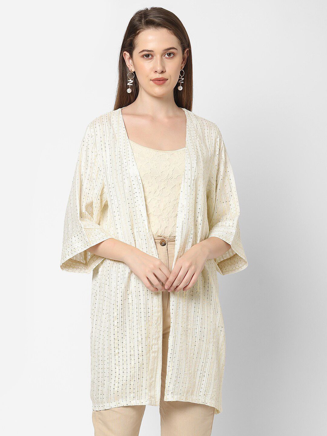 Cloth Haus India Women Off White Self Design Kimono Shrug Price in India