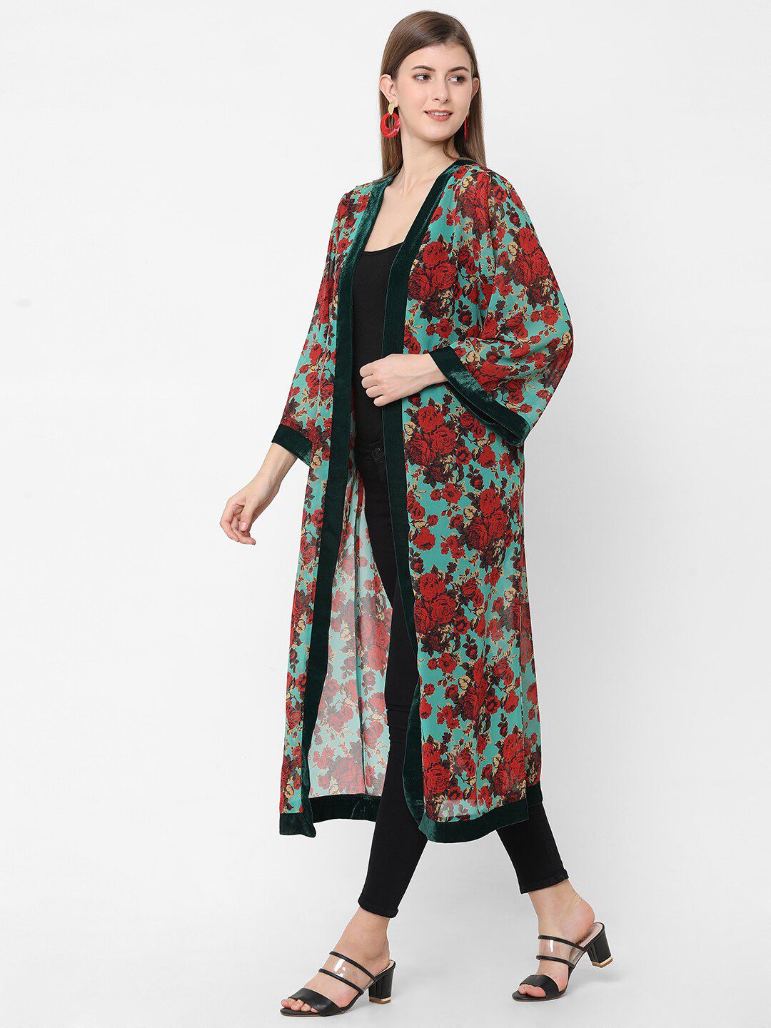 Cloth Haus India Women Green & Red Printed Open Front Shrug Price in India