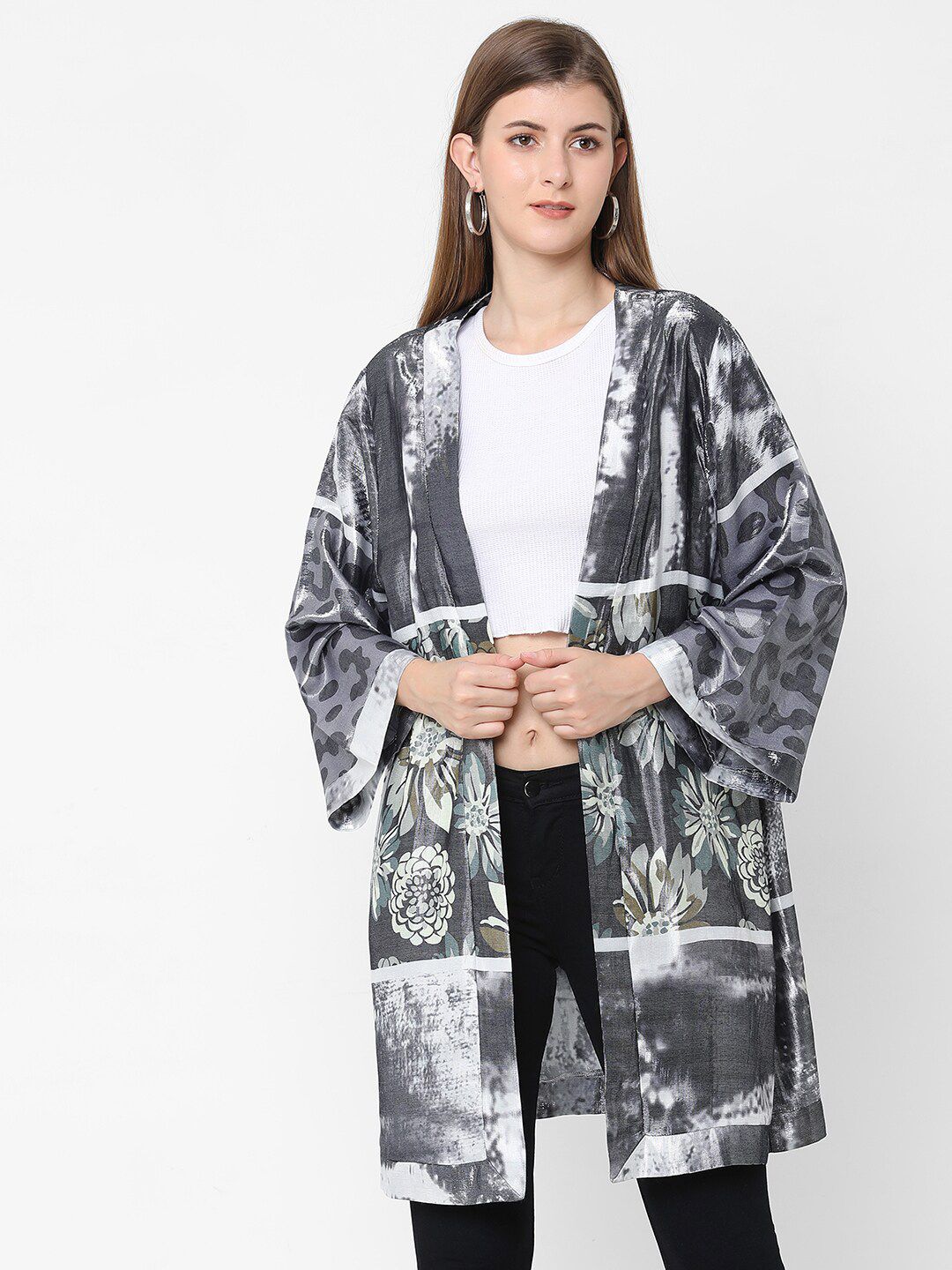 Cloth Haus India Women Silver-Toned & Black Printed Shrug Price in India