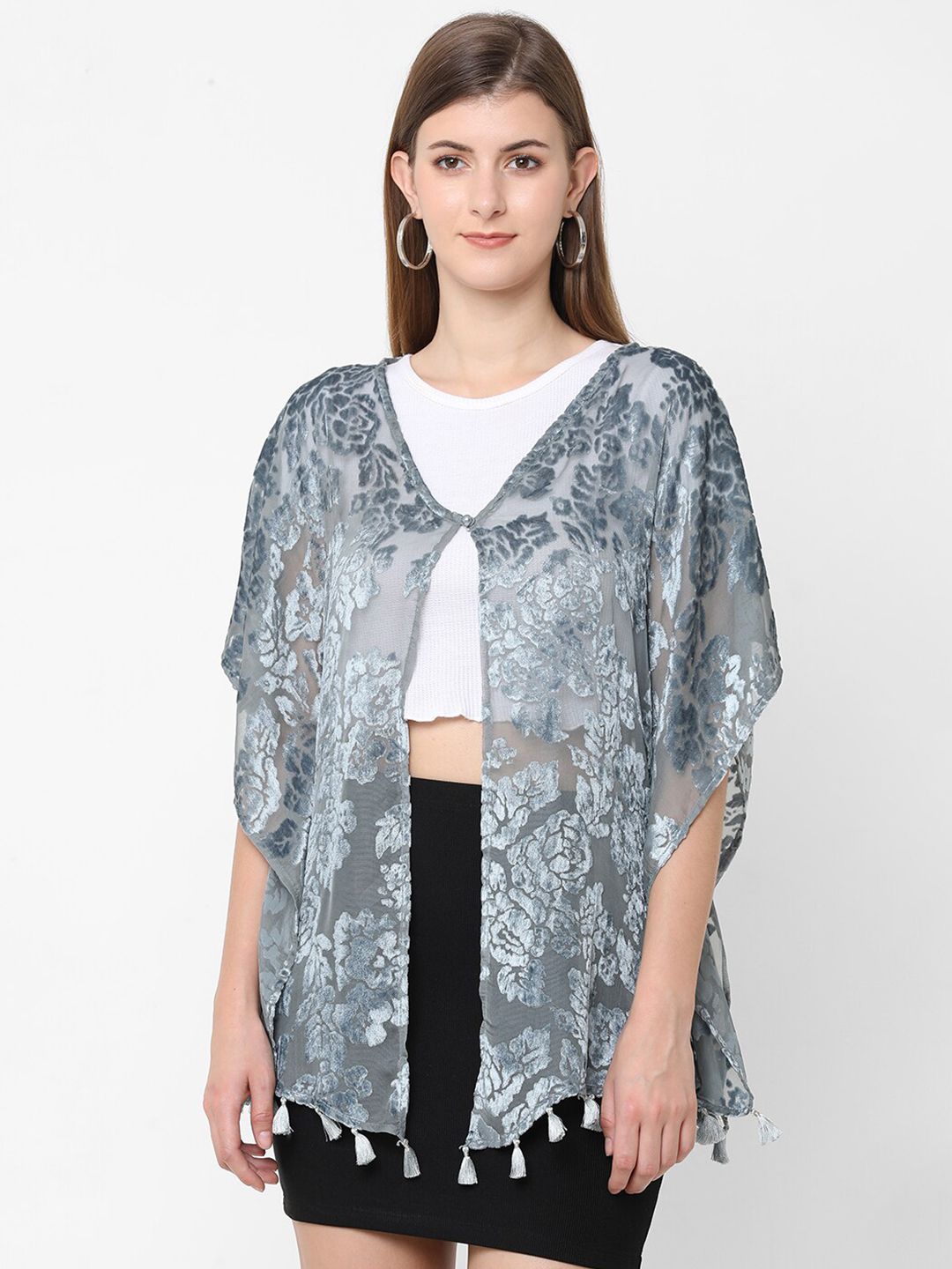 Cloth Haus India Women Grey Floral Printed Kimono Shrug Price in India