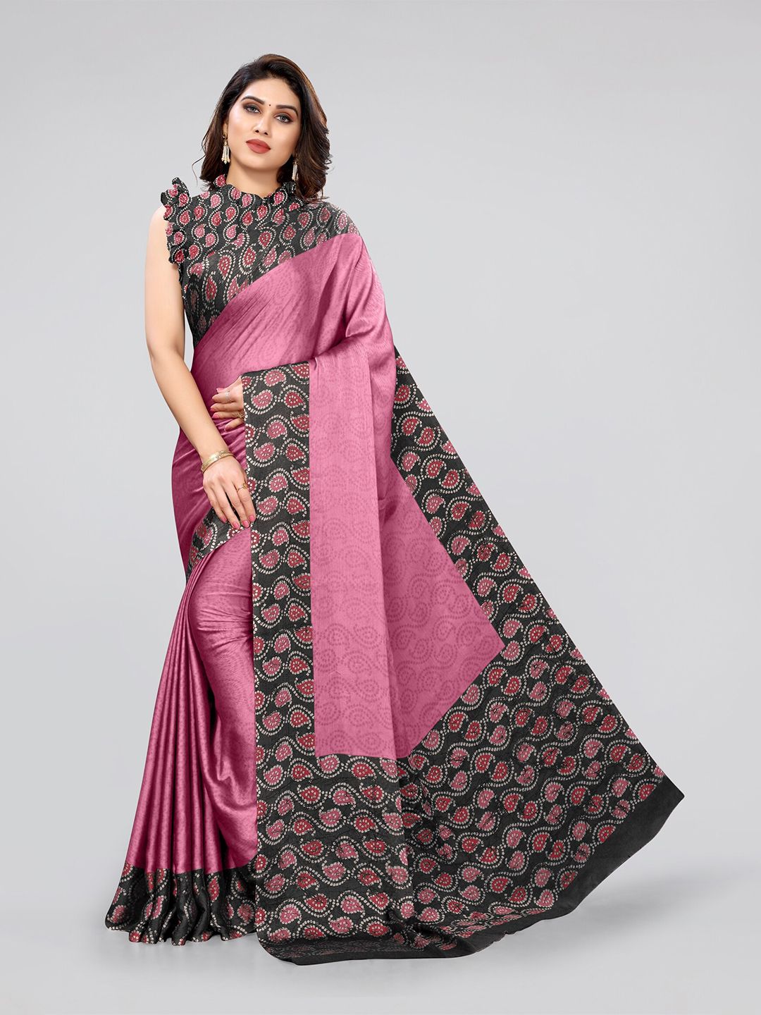 KALINI Pink & Grey Paisley Printed Chiffon Bandhani Saree