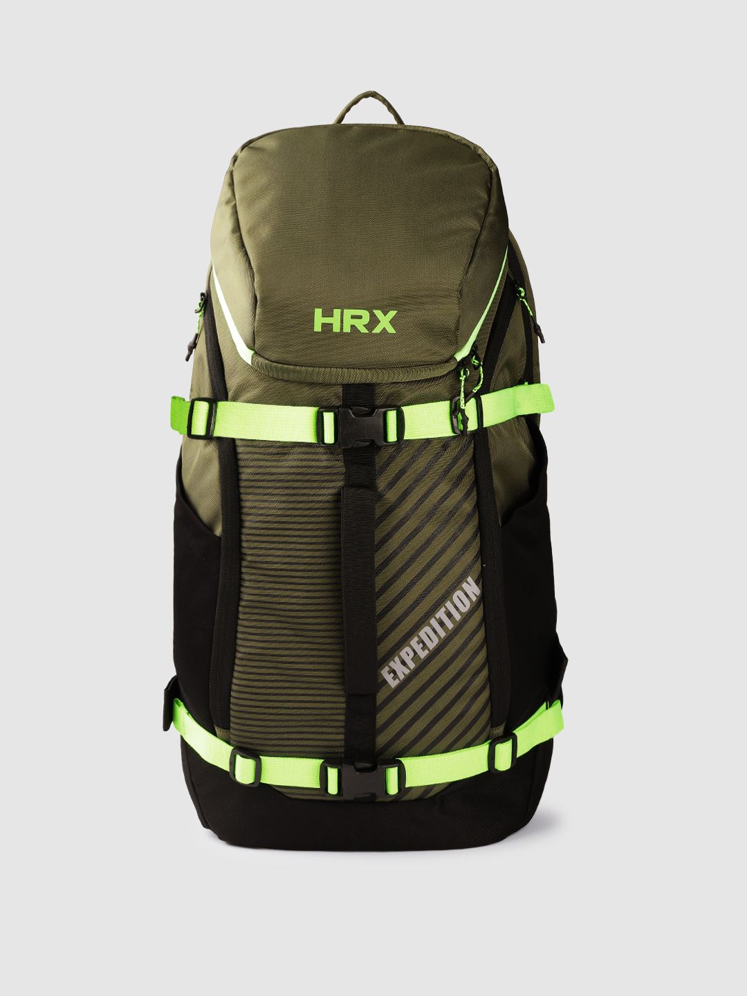 HRX by Hrithik Roshan Unisex Olive Green & Black Striped Expedition Print Backpack Price in India