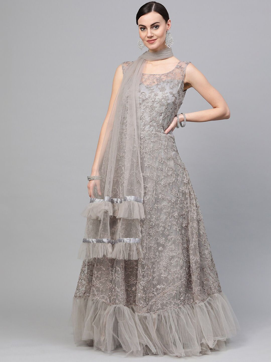 Chhabra 555 Grey Embellished Net Ethnic Maxi Dress Price in India