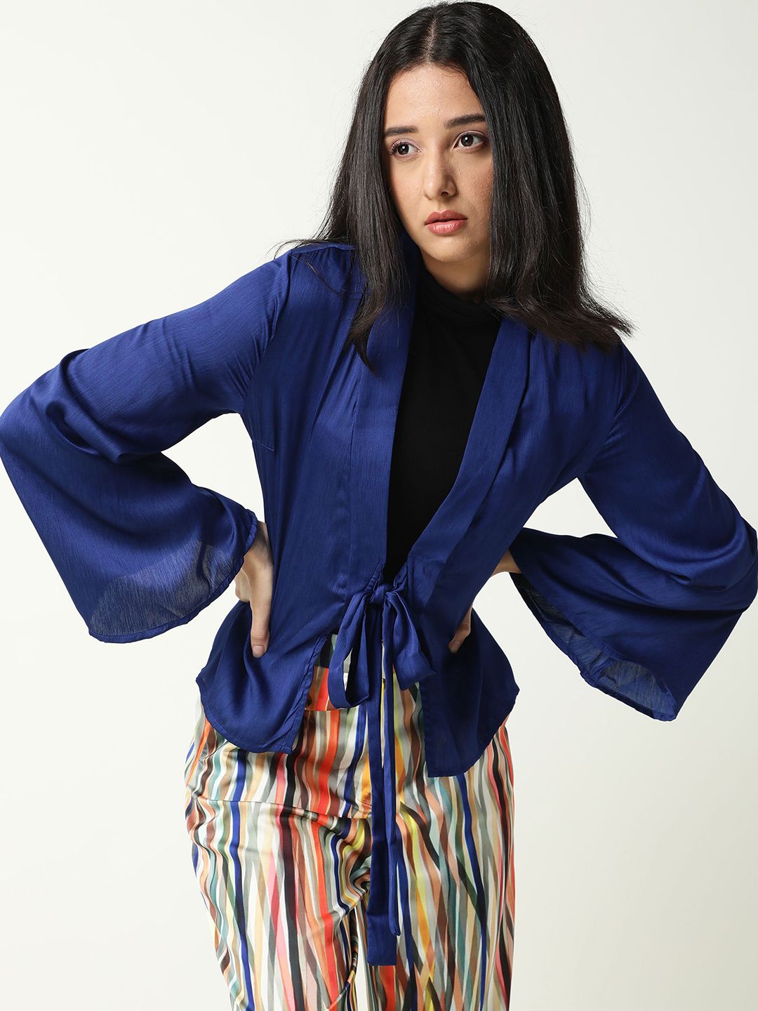 RAREISM Women Blue Tie-Up Shrug