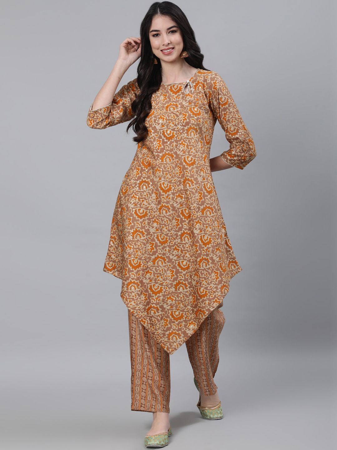 Jaipur Kurti Women Brown & Mustard Yellow Printed Chanderi Cotton Kurta with Trousers Price in India