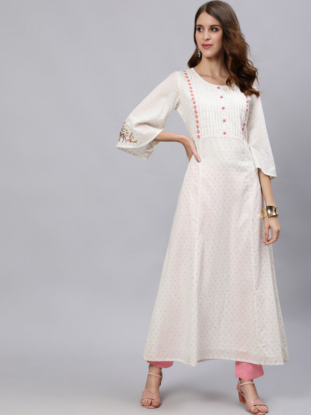 Jaipur Kurti White Embroidered Ethnic A-Line Maxi Dress Price in India