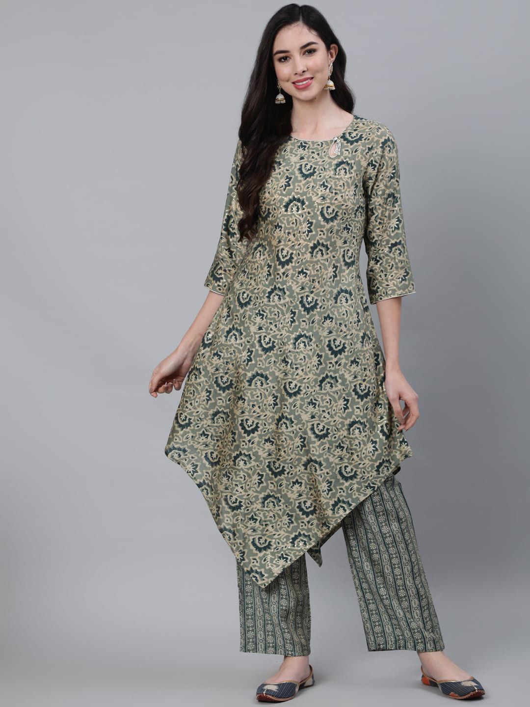 Jaipur Kurti Women Green Floral Printed Asymmetric Kurta with Trousers Price in India