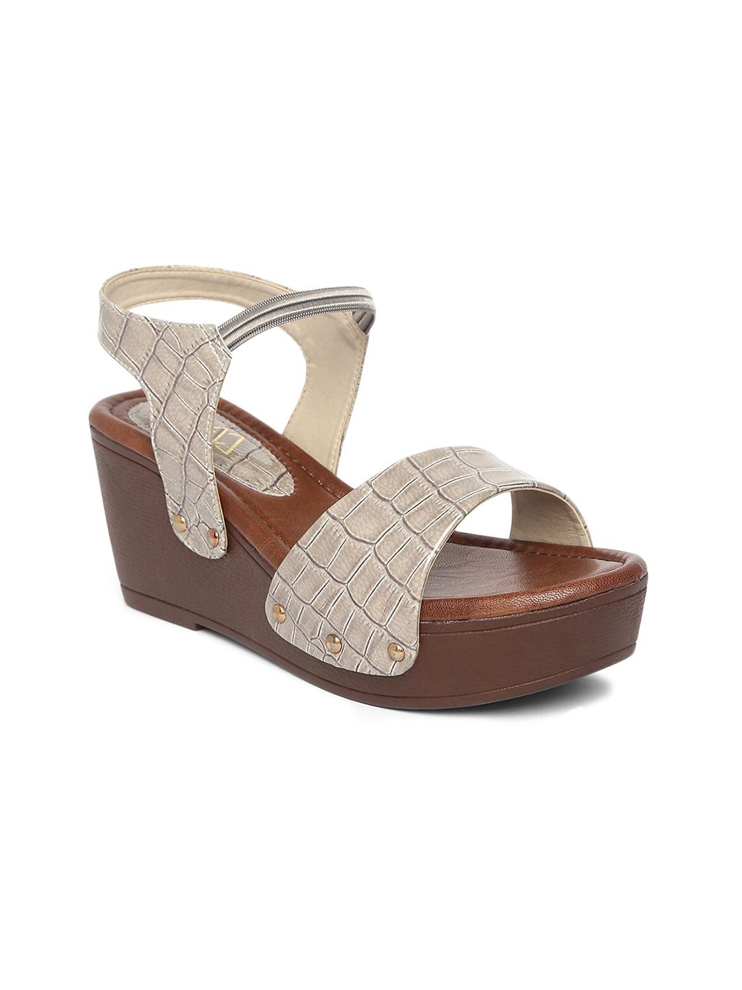 EVERLY Grey & Brown Textured Wedge Sandals Price in India
