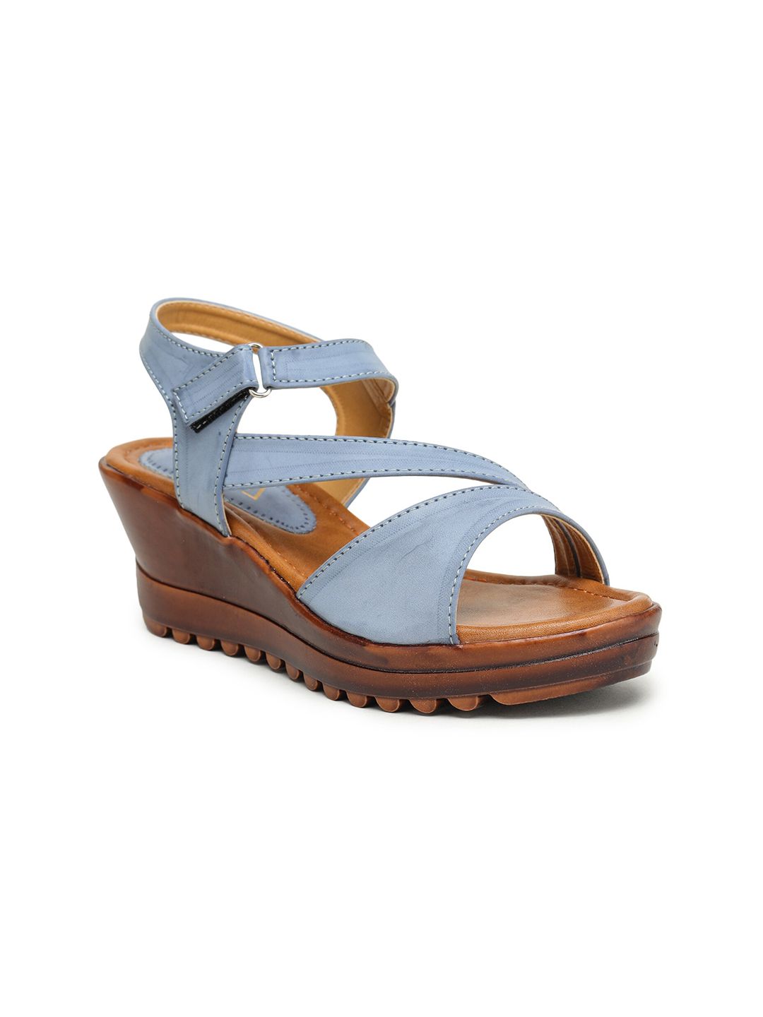 EVERLY Blue & Brown Leather Wedge Sandals Price in India
