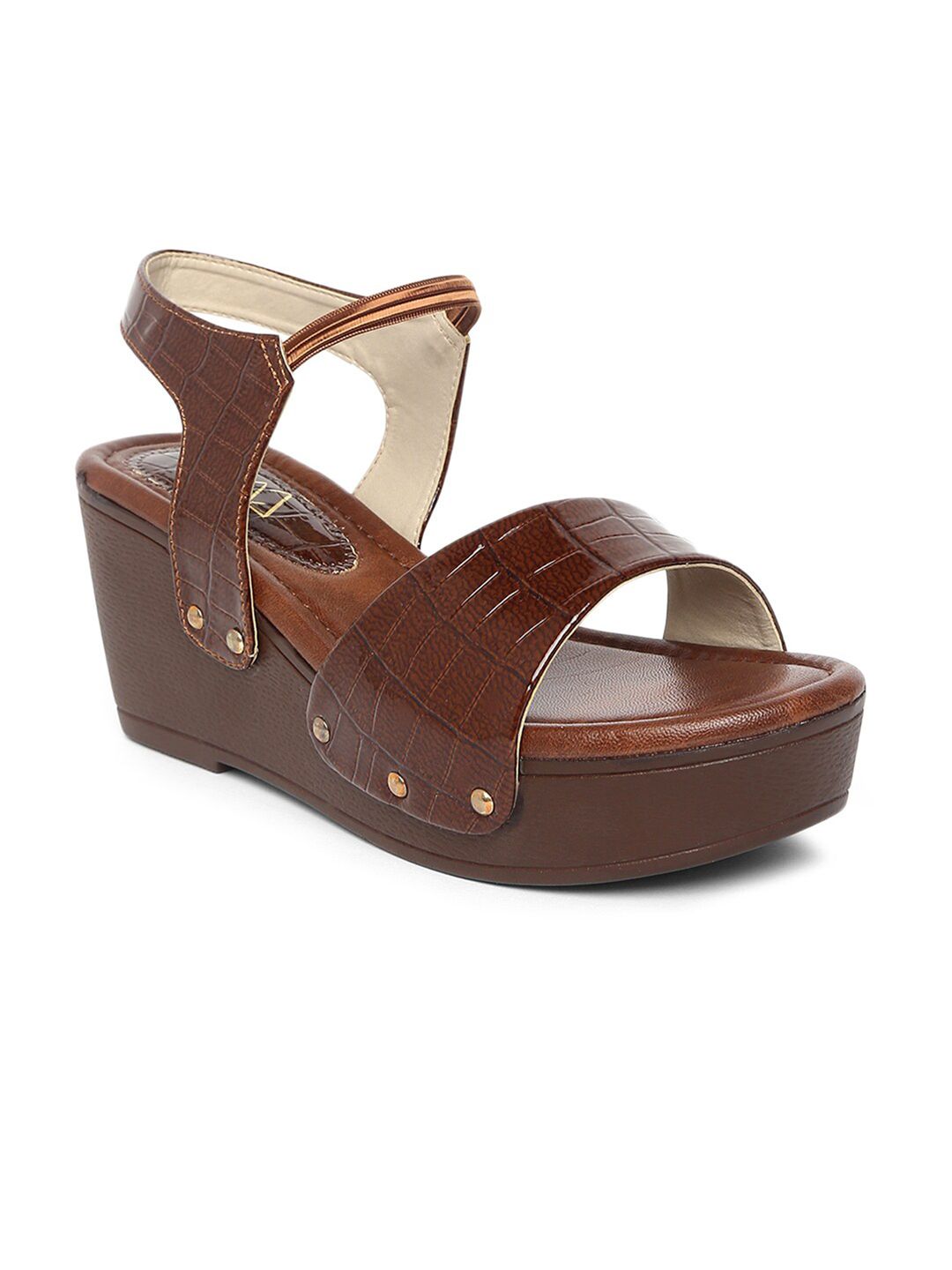 EVERLY Brown Textured Leather Wedges Price in India
