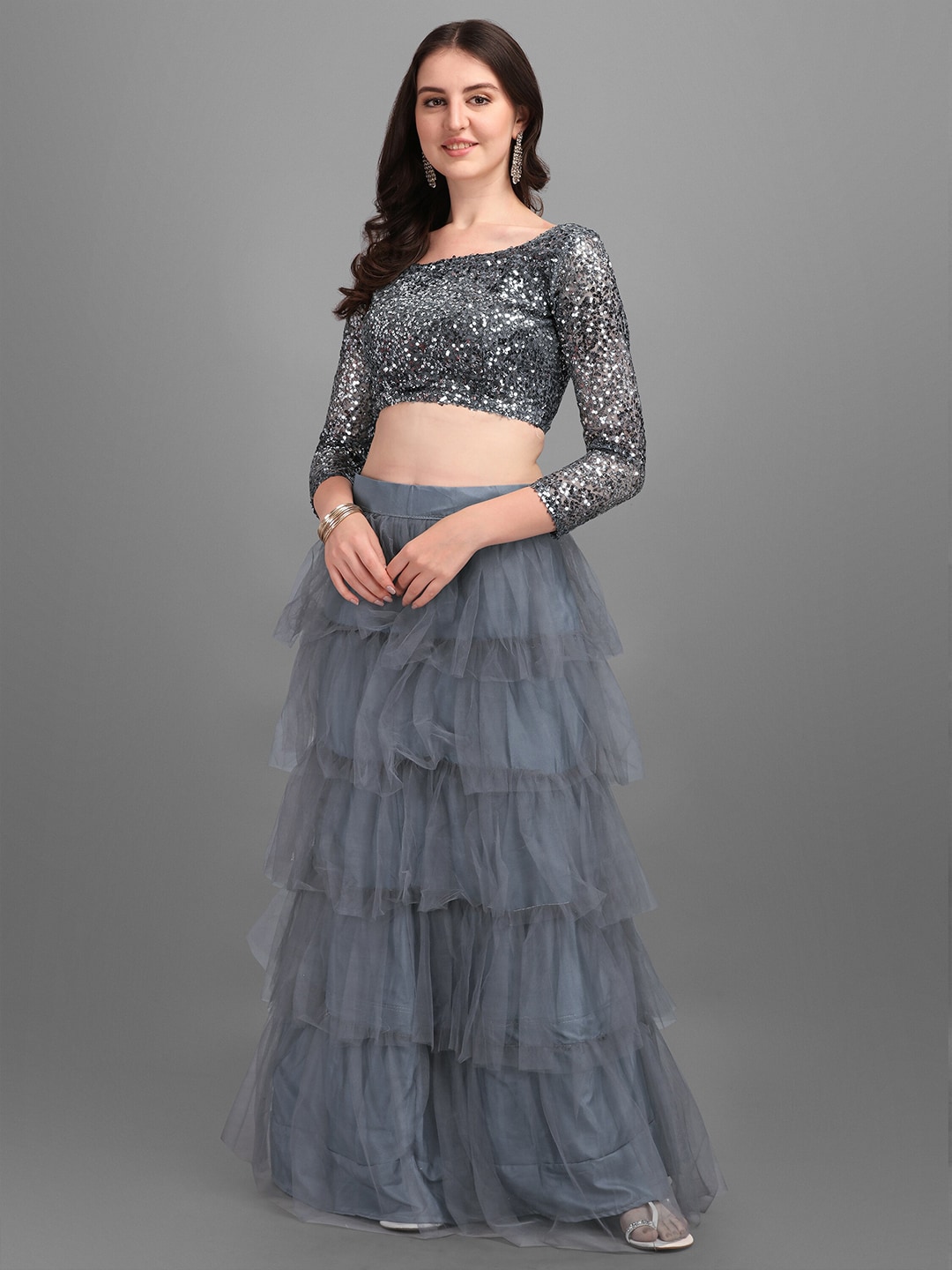 Mitera Grey Embellished Sequinned Semi-Stitched Lehenga & Unstitched Blouse With Dupatta Price in India