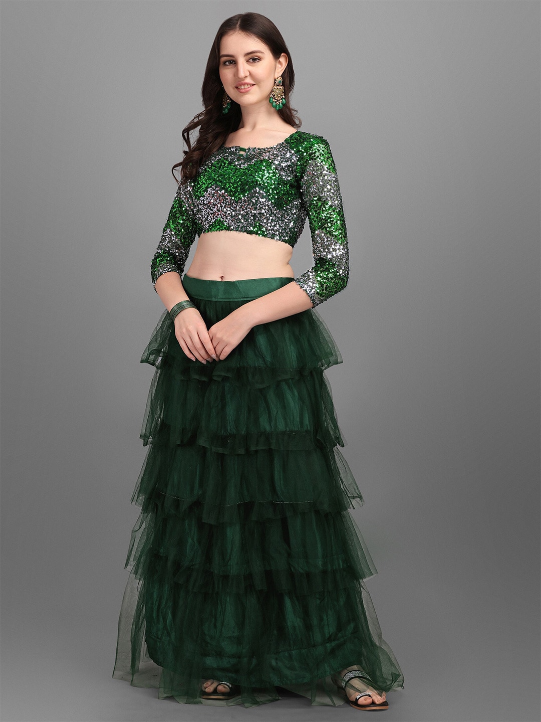 Mitera Green & Grey Embroidered Sequinned Semi-Stitched Lehenga & Unstitched Blouse With Dupatta Price in India