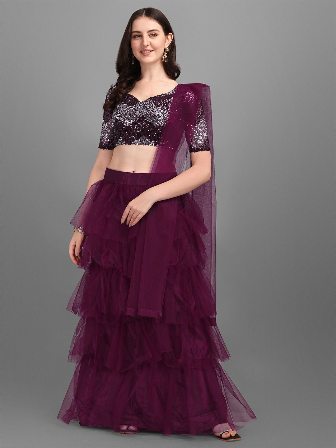 Mitera Magenta Embroidered Sequinned Foil Print Semi-Stitched Lehenga & Unstitched Blouse With Dupatta Price in India