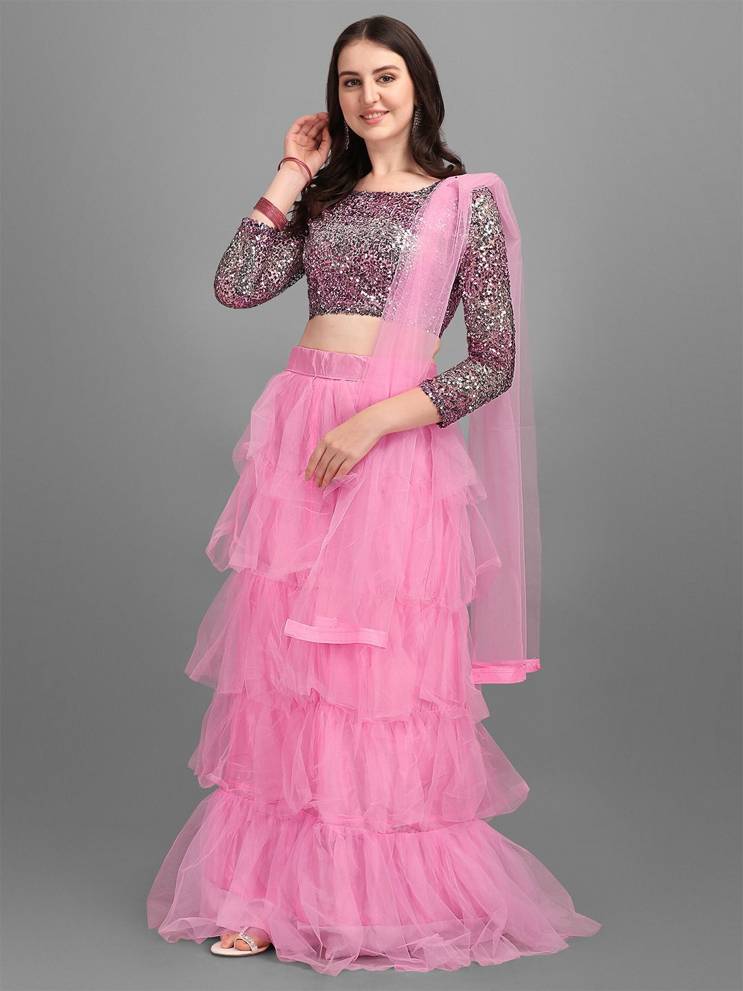 Mitera Pink Embellished Sequinned Semi-Stitched Lehenga & Unstitched Blouse With Dupatta Price in India