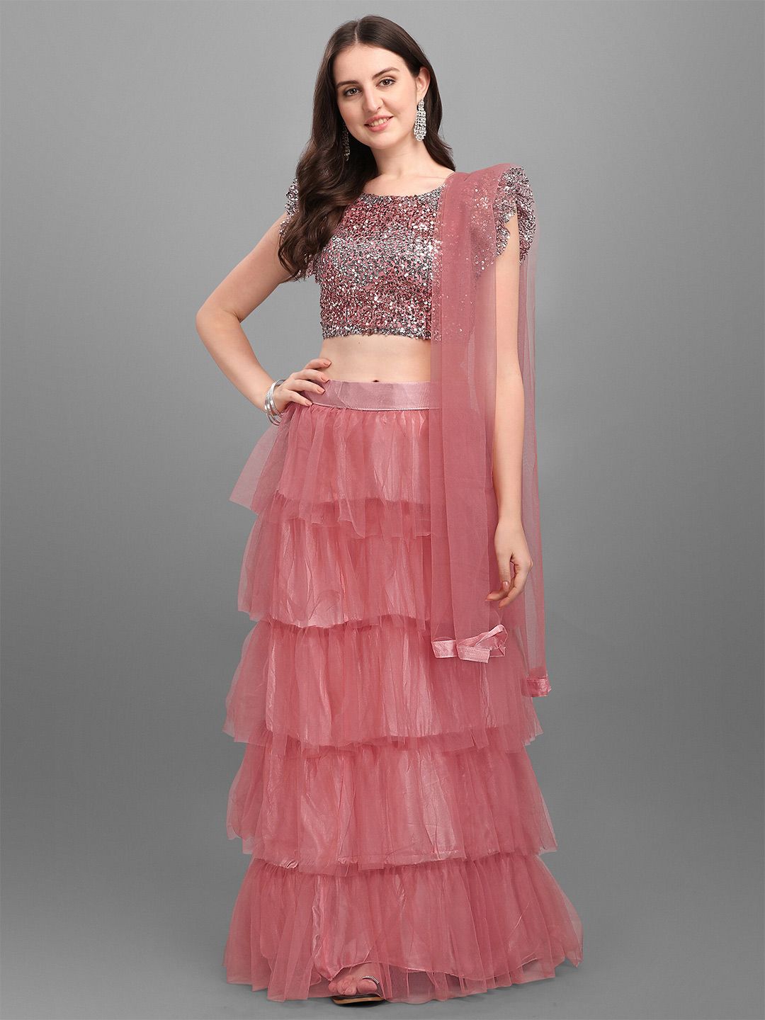Mitera Peach-Coloured Embroidered Sequinned Semi-Stitched Lehenga & Unstitched Blouse With Dupatta Price in India