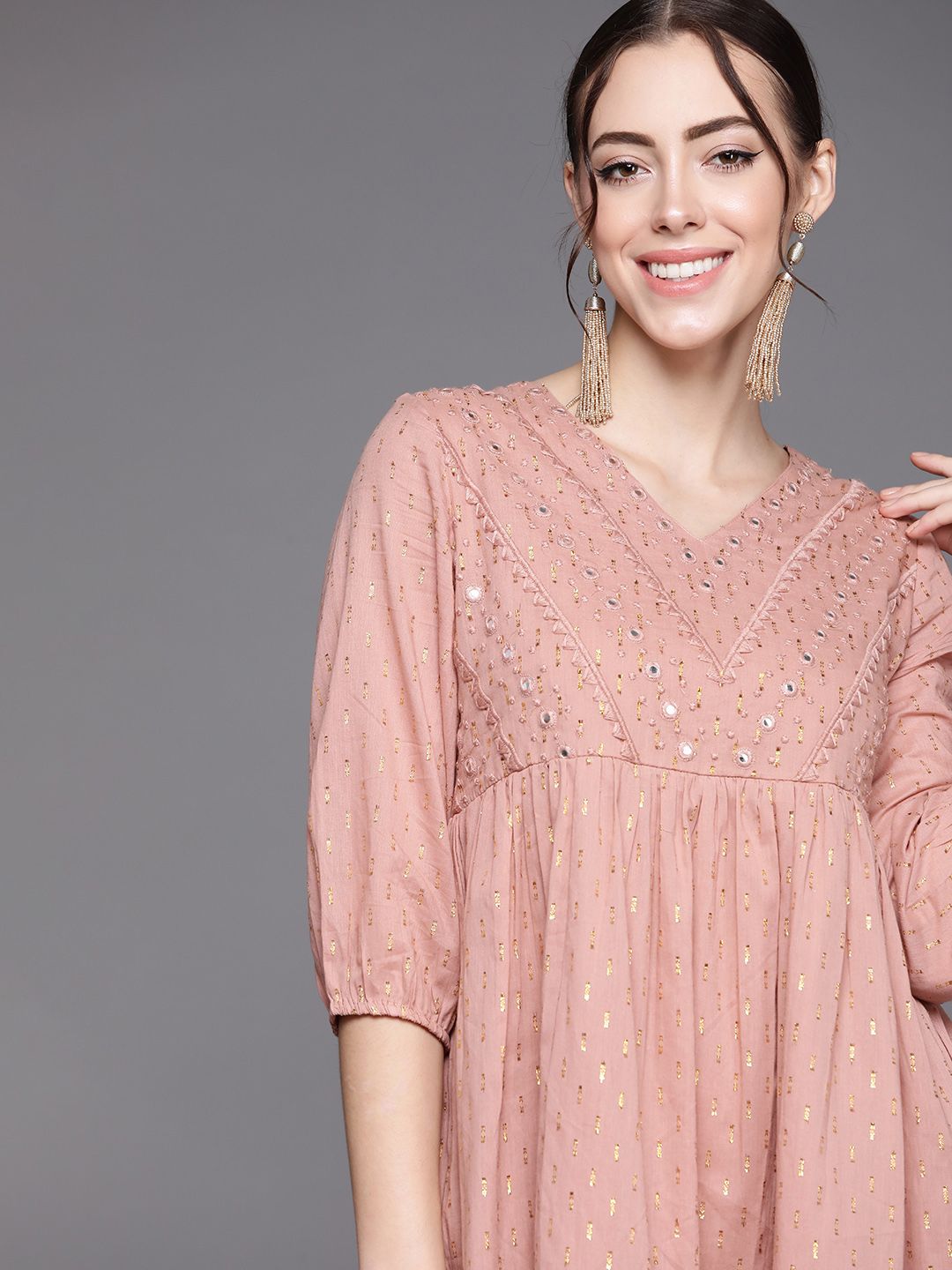 Indo Era Peach-Coloured Embellished Ethnic A-Line Dress Price in India