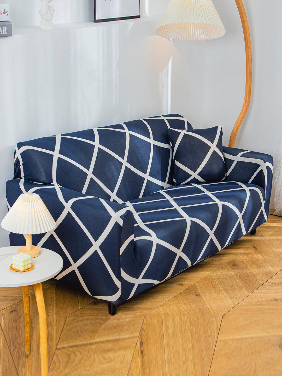 HOUSE OF QUIRK Navy Blue & White Printed 2-Seater Stretchable Non-Slip Sofa Cover Price in India