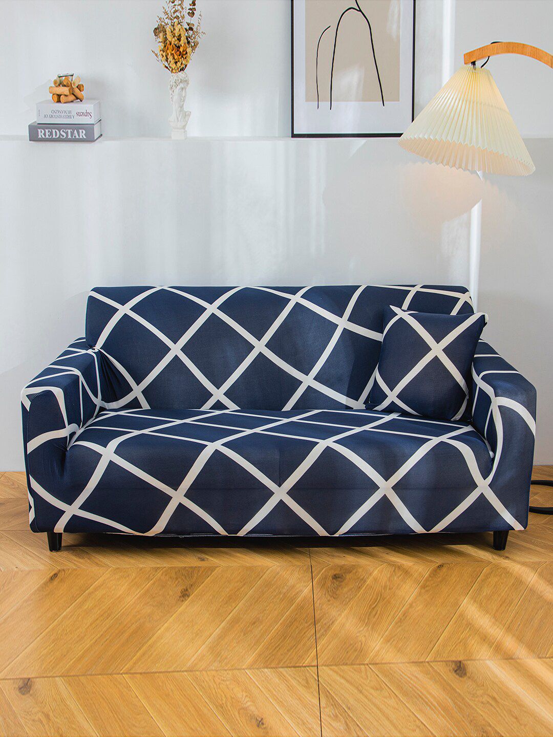 HOUSE OF QUIRK Navy Blue Diamond 1-Seater Stretchable Sofa Cover Price in India