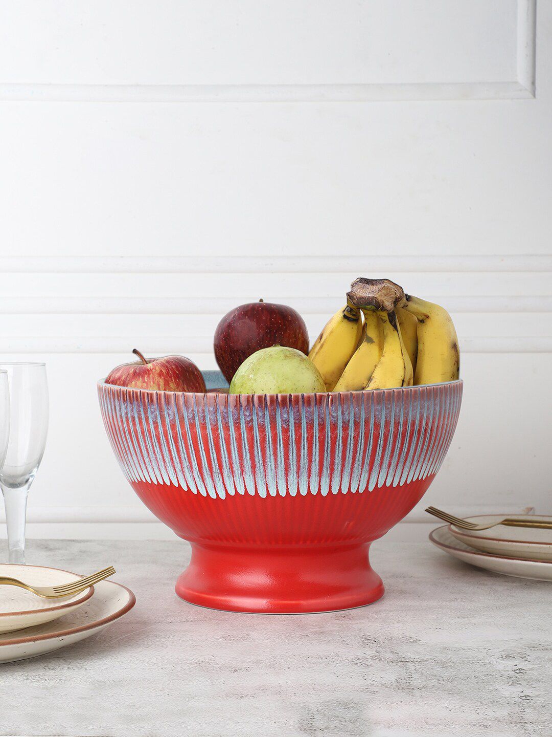 MIAH Decor Red & White 1 Pieces Handcrafted and Hand Painted Textured Stoneware Matte Bowls Price in India