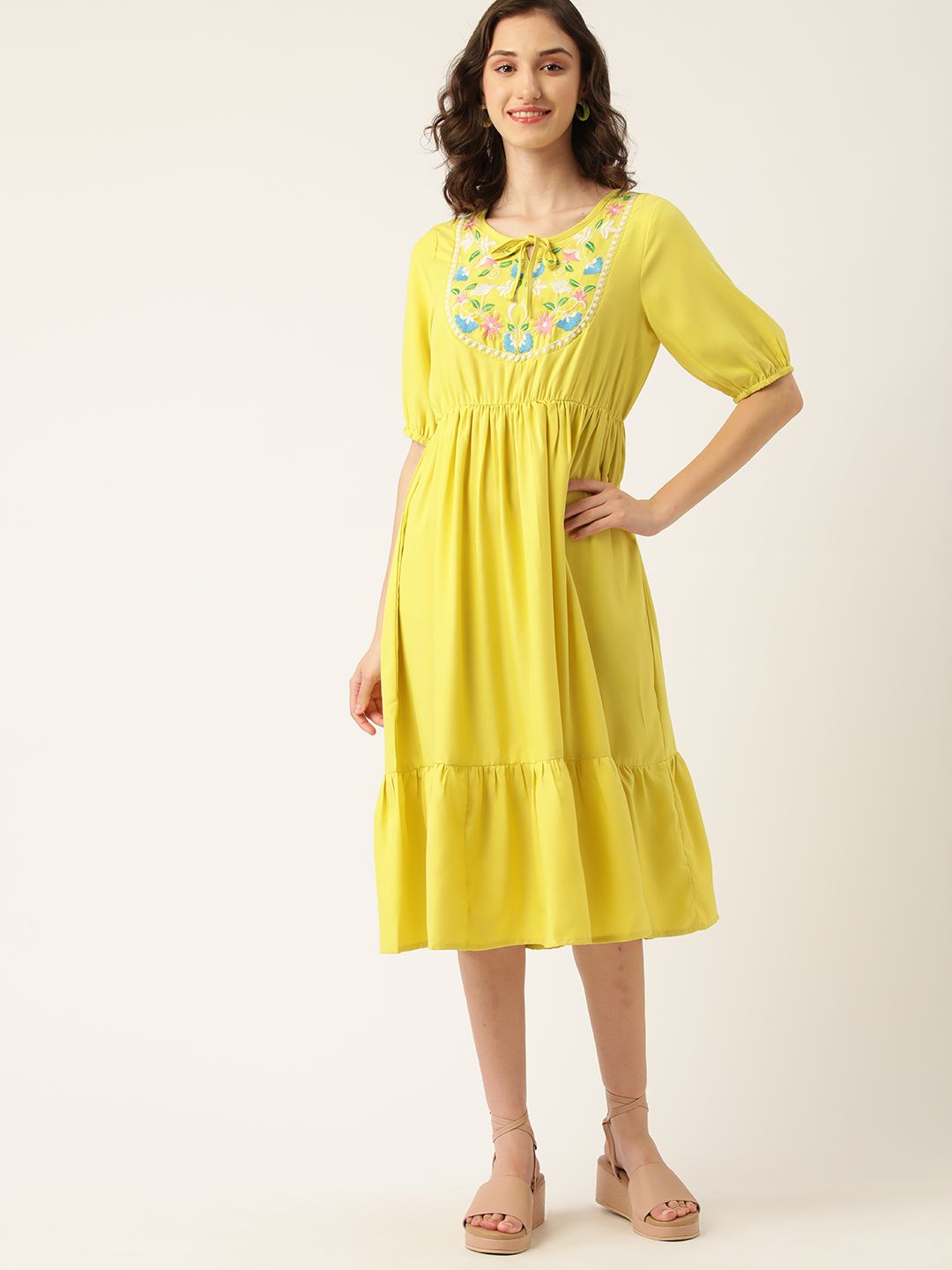 DressBerry Lime Green Floral Embroidered Tie-Up Neck A-Line Midi Dress Price in India