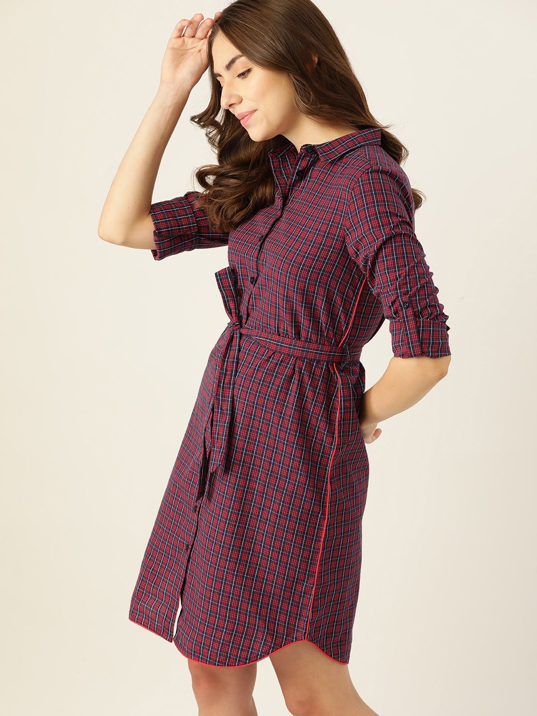 DressBerry Women Navy Blue & Red Checked Shirt Dress Price in India