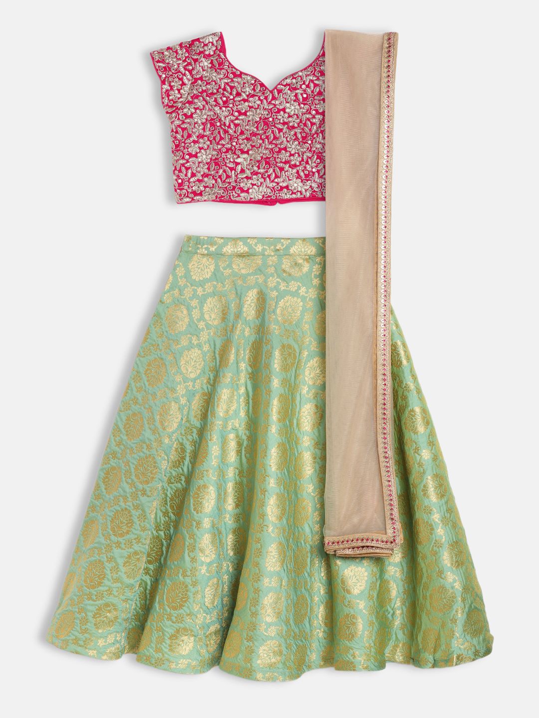 EthnoVogue Girls Green & Pink Embroidered Thread Work Ready to Wear Lehenga Set Price in India