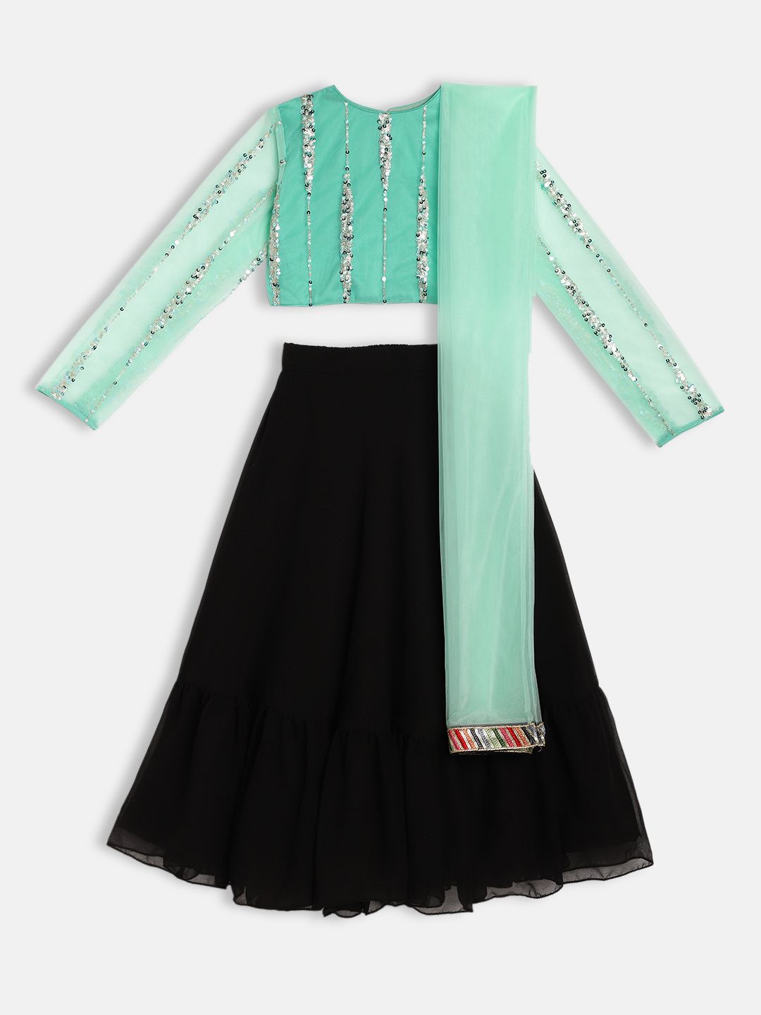 EthnoVogue Girls Sea Green & Black Embellished Sequinned Made to Measure Lehenga & Blouse With Dupatta