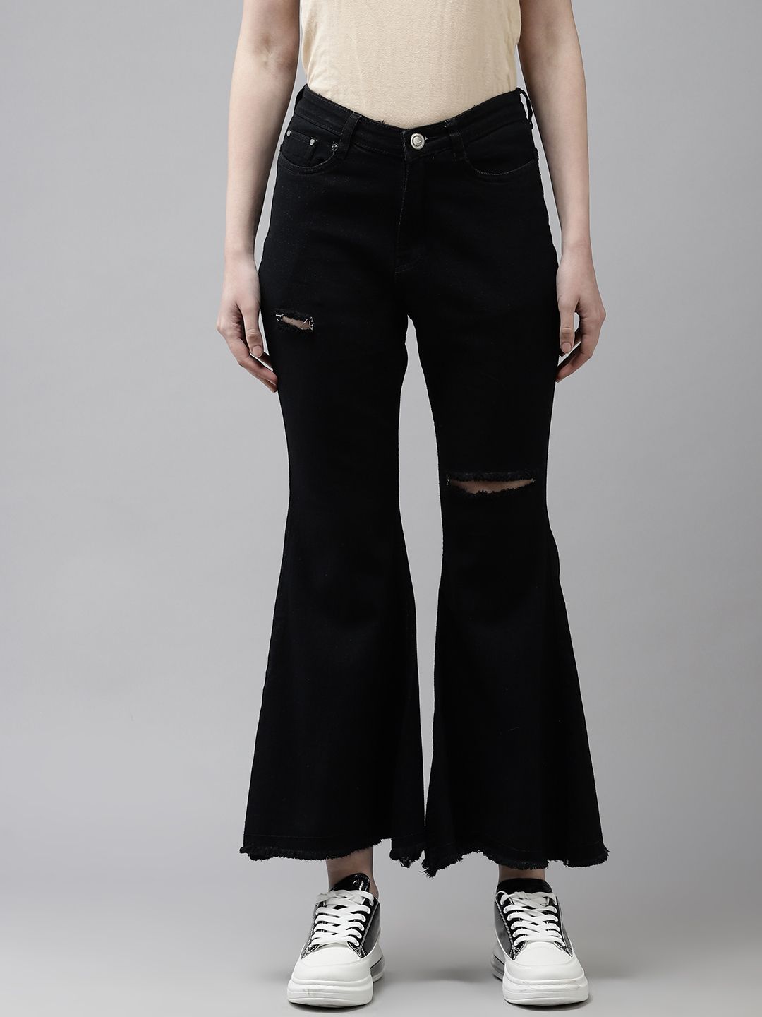 The Dry State Women Black Flared High-Rise Mildly Distressed Jeans Price in India