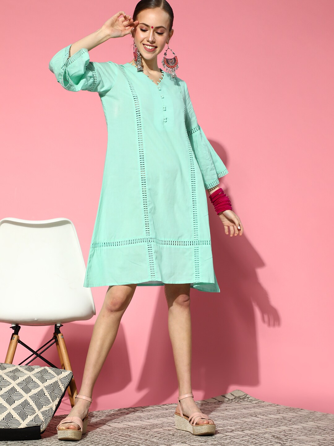 Sangria Turquoise Blue Ethnic A-Line Pure Cotton Dress With Cut Out Detail Price in India