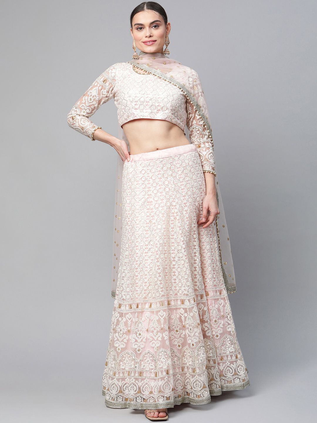 Readiprint Fashions Pink & White Embroidered Semi-Stitched Lehenga & Unstitched Blouse Price in India