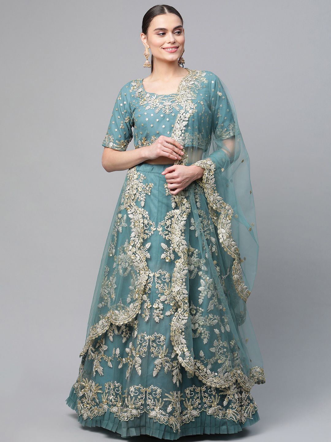 Readiprint Fashions Teal & Gold-Toned Embroidered Semi-Stitched Lehenga & Unstitched Blouse With Dupatta Price in India