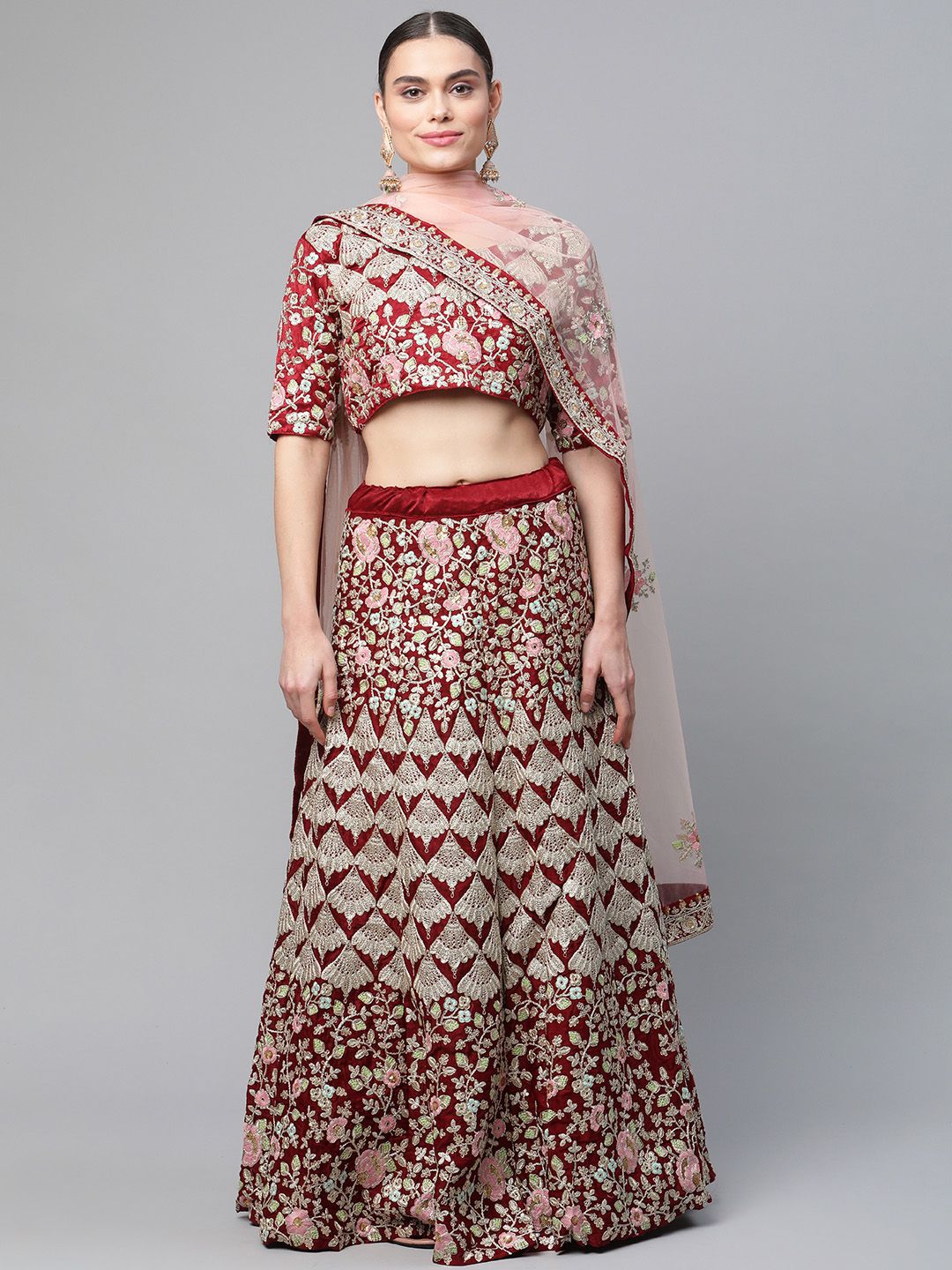 Readiprint Fashions Maroon & Peach-Coloured Semi-Stitched Lehenga & Unstitched Blouse Price in India