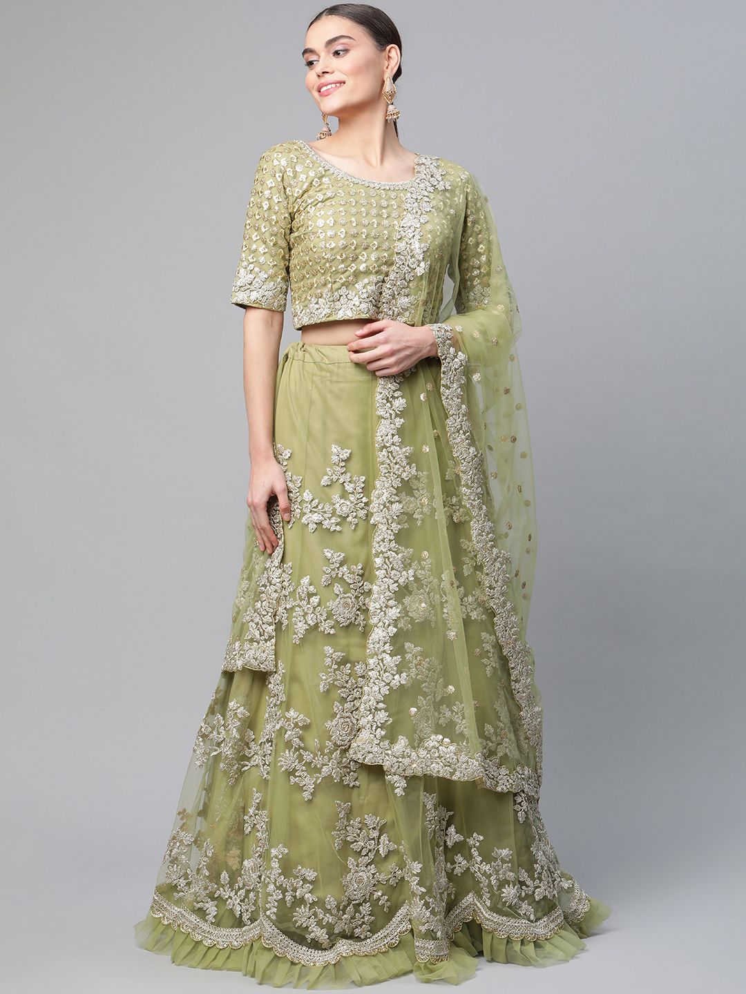 Readiprint Fashions Olive Green Embroidered Sequinned Semi-Stitched Lehenga & Unstitched Blouse With Dupatta Price in India