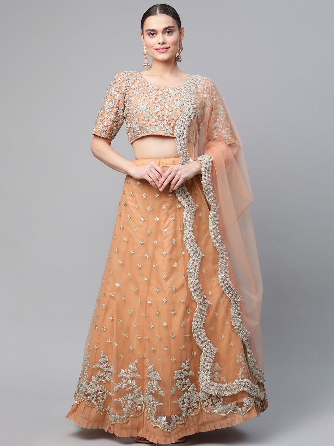 Readiprint Fashions Peach-Coloured & Gold-Toned Semi-Stitched Lehenga & Unstitched Blouse Price in India