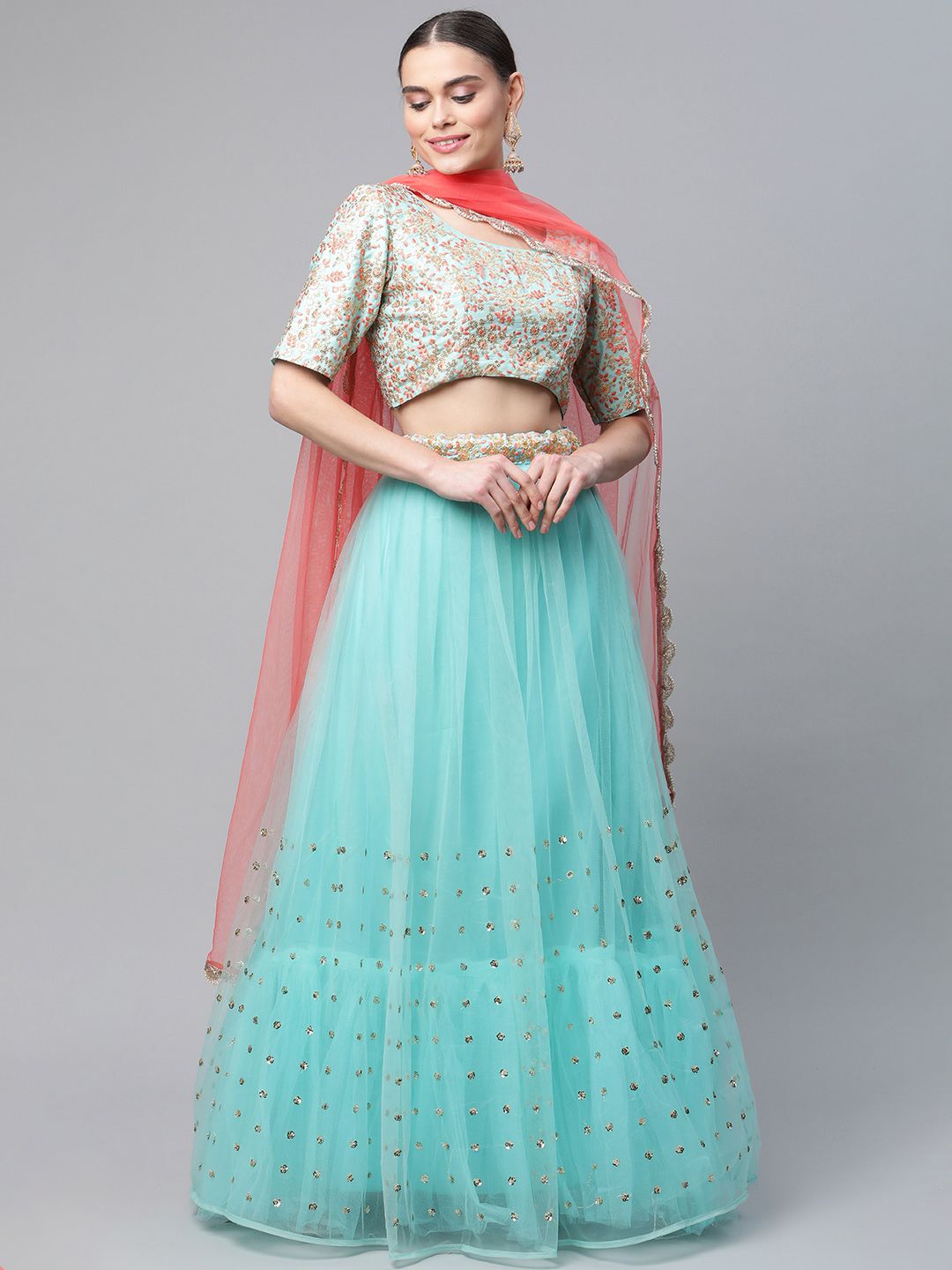 Readiprint Fashions Turquoise Blue & Pink Embroidered Sequinned Semi-Stitched Lehenga & Unstitched Blouse Price in India
